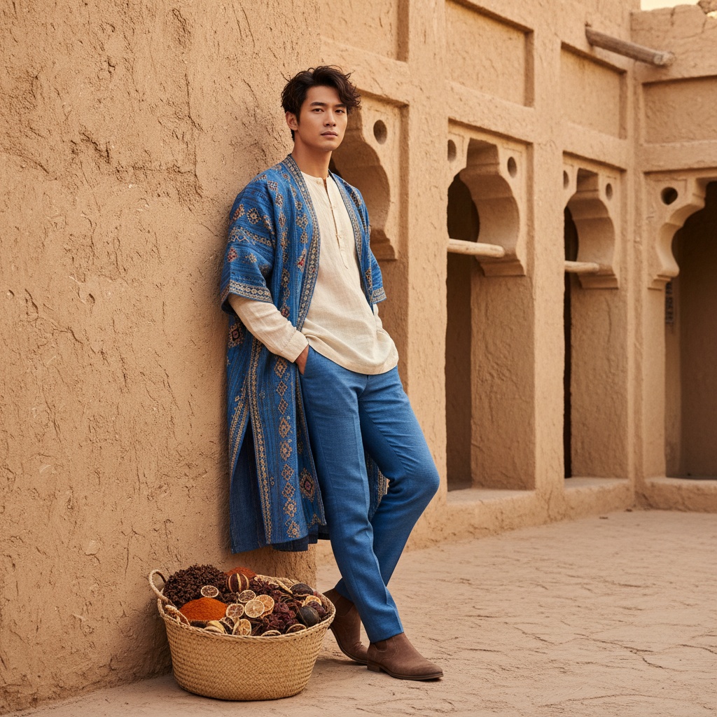 David, a 25-year-old Asian male model styled as a contemporary explorer in the Heart of Sharjah, stands against weathered adobe walls, exuding a blend of modern elegance and traditional motifs. He wears a lightweight, organic cotton kaftan dyed in deep sapphire over an ivory linen shirt, adorned with intricate geometric patterns. The warm afternoon sun casts golden rays on his chiseled features, highlighting his tousled curls. One hand rests in his pants pocket while the other lightly touches a handwoven basket of local spices. The historic architecture with ornate arches forms the backdrop, creating a rich narrative that celebrates cultural exploration. The atmosphere is thick with the scent of sandalwood, inviting a profound connection to the land.