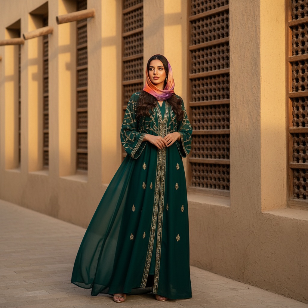 Emily, a captivating 22-year-old Middle Eastern woman, stands gracefully against the intricate architecture of Al Naboodah House in the Heart of Sharjah. She wears a flowing abaya of luxurious, deep emerald chiffon adorned with gold embroidery. Her hair cascades in soft waves beneath a delicate silk headscarf that reflects the sunset colors around her. Poised with one hand on her hip, she is illuminated by warm, golden hour sunlight, creating a soft glow that highlights her features and casts intricate shadows against textured walls. This image harmoniously blends modern femininity with rich cultural heritage, embodying the beauty of identity and tradition. The composition adheres to the rule of thirds, inviting appreciation of both Emily and her stunning surroundings, radiating vibrant energy and nostalgia.