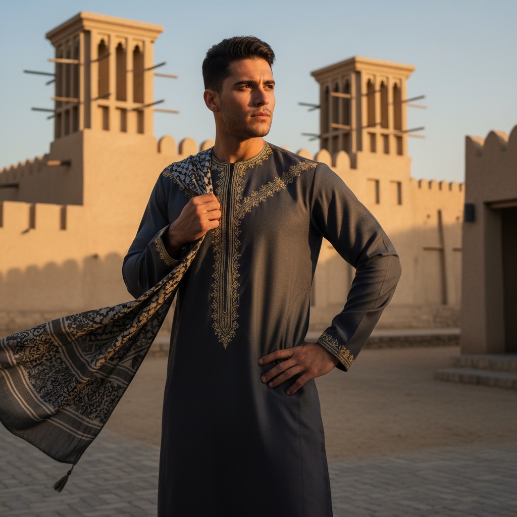 James, a striking Latin male aged 32, embodies the spirit of a modern nomad in the Heart of Sharjah. Dressed in a charcoal gray khaleeji thobe with intricate gold embroidery, he confidently stands with one hand on his hip and the other gently holding his scarf, suggesting contemplation. The historic backdrop features iconic wind towers, illuminated by the golden light of the late afternoon sun, highlighting the fusion of tradition and contemporary style. Chiaroscuro lighting accentuates his features, creating a powerful and vibrant editorial image that resonates with pride and cultural depth.