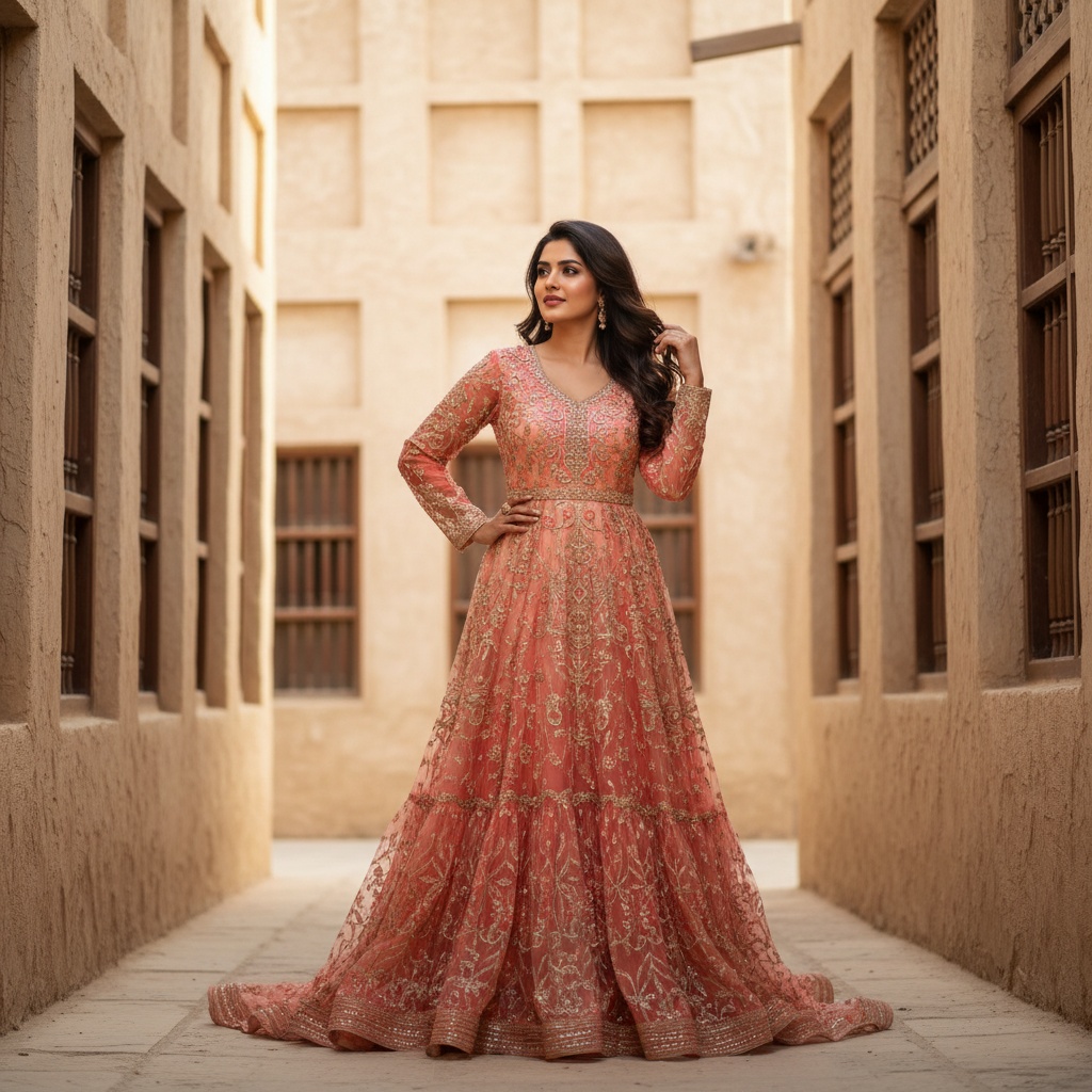 Jane, a captivating Indian woman aged 29, stands elegantly in the historic Heart of Sharjah, surrounded by beautifully restored heritage buildings. She wears a stunning floor-length gown made of hand-embroidered silk chiffon that reflects soft apricot and deep coral hues of the sunset. The gown features intricate gold threadwork and cascading layers, embodying traditional Middle Eastern motifs. With a regal posture—one hand on her hip and the other flipping her long hair—she radiates serenity. Soft, diffused lighting enhances the warm tones, casting an ethereal glow over the scene, highlighting her serene expression and the textured stone walls behind her, blending heritage with modern elegance. This image captures the essence of a contemporary Arabian princess, embodying cultural richness and style.
