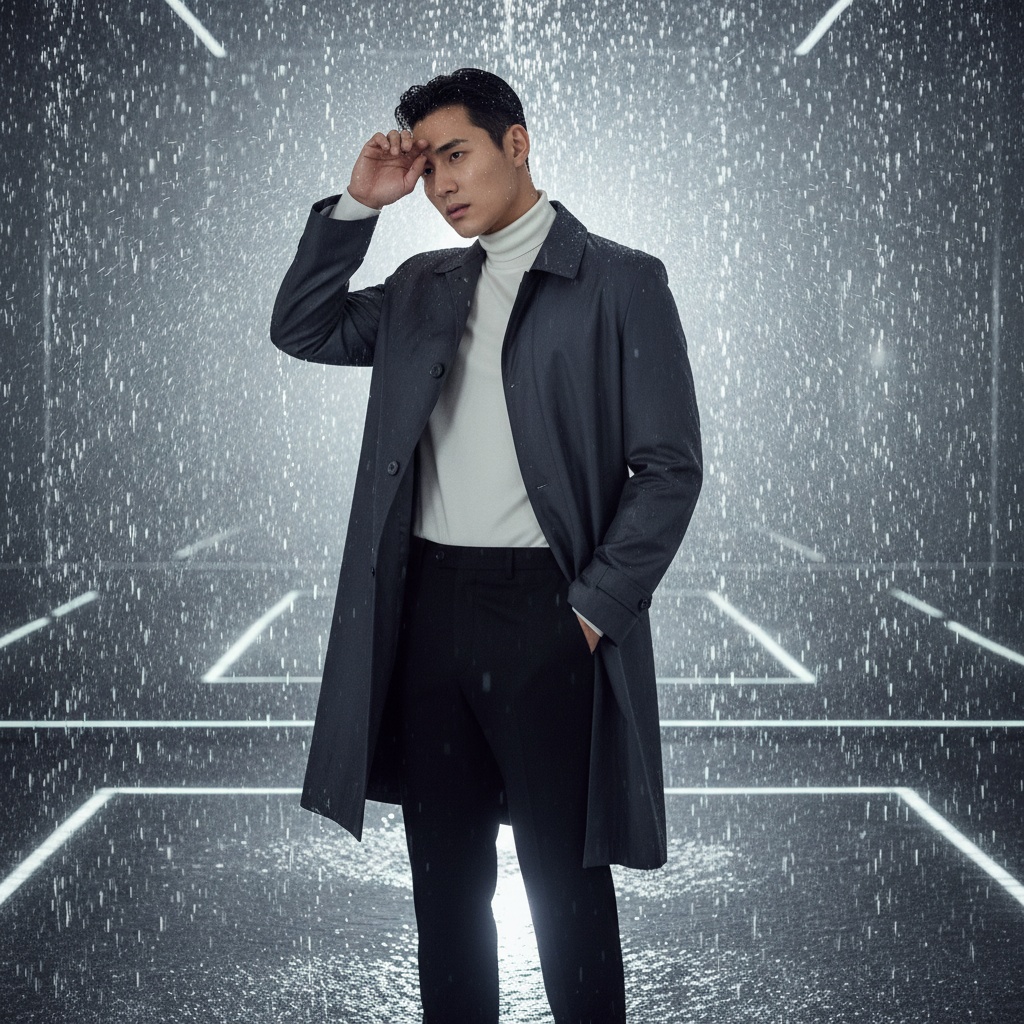 David, a 27-year-old Asian male model exuding urban sophistication, stands in a contemporary Rain Room installation wearing a tailored charcoal-grey raincoat made from sleek mikado silk that cascades elegantly to mid-calf. Underneath, a fitted white turtleneck provides contrast, paired with tailored black trousers for comfort and style. Water cascades around him, reflecting soft ambient light, as he stands poised with one hand in his pocket, the other brushing droplets from his brow, embodying modern masculinity. The backlighting creates a halo effect around him, emphasizing introspection against an ethereal backdrop of glimmering water.