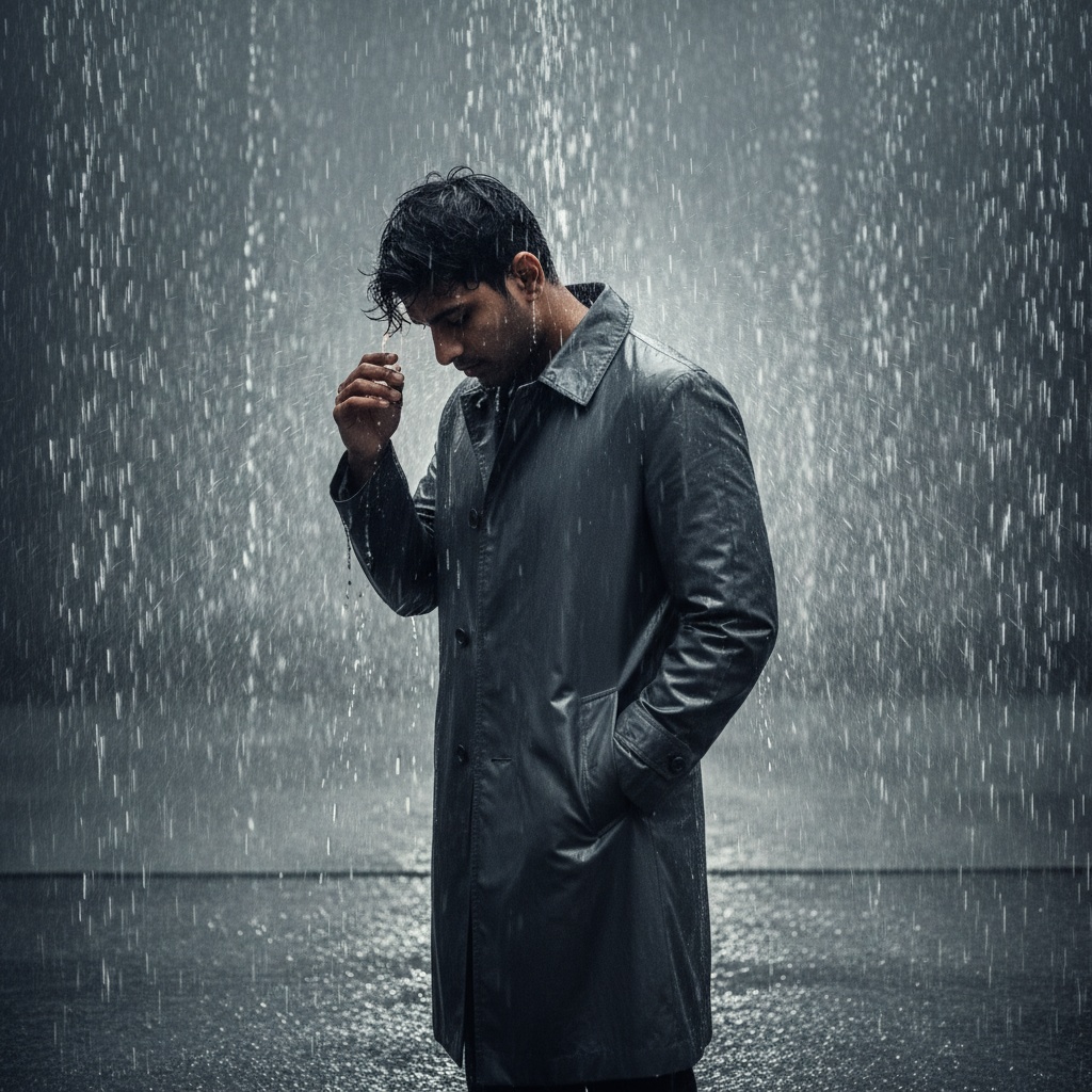 Michael, a 24-year-old Indian male figure, stands at the center of the immersive Rain Room installation, his silhouette partially obscured by cascading drops of water that create a dreamlike veil around him. He wears a tailored, charcoal-grey trench coat made from water-resistant mikado silk, glistening under the soft, ambient lighting. In a pose of introspection, his shoulders are slightly hunched, gaze focused on the ground, one hand tucked into a pocket, and the other flicking a droplet from his lightly tousled dark hair. The moody ambience, rhythmic sound of water, and chiaroscuro lighting create a cinematic atmosphere, emphasizing the sleek lines of his ensemble and encapsulating a poignant sense of solitude and contemplation within this architectural marvel.