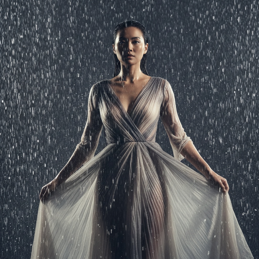 Sarah, a striking 32-year-old Asian female figure at the center of a surreal Rain Room installation, surrounded by cascading water that creates an ethereal atmosphere. She wears an avant-garde, asymmetrical gown made of translucent chiffon in misty grey and soft ivory, mimicking flowing water. The gown features intricate hand-pleated accents that ripple with her movements. Her slicked-back hair glimmers under ambient light, framing her face with soft contours and dewy skin. She gazes directly at the camera, exuding quiet resilience and contemplation, amidst shimmering droplets that resemble diamonds. The chiaroscuro lighting enhances contrasts, capturing the beauty and elegance of the scene, blending femininity with the elemental force of water, evoking solitude and introspection. The overall effect is hauntingly beautiful and reflective, embodying contemporary fashion photography artistry.