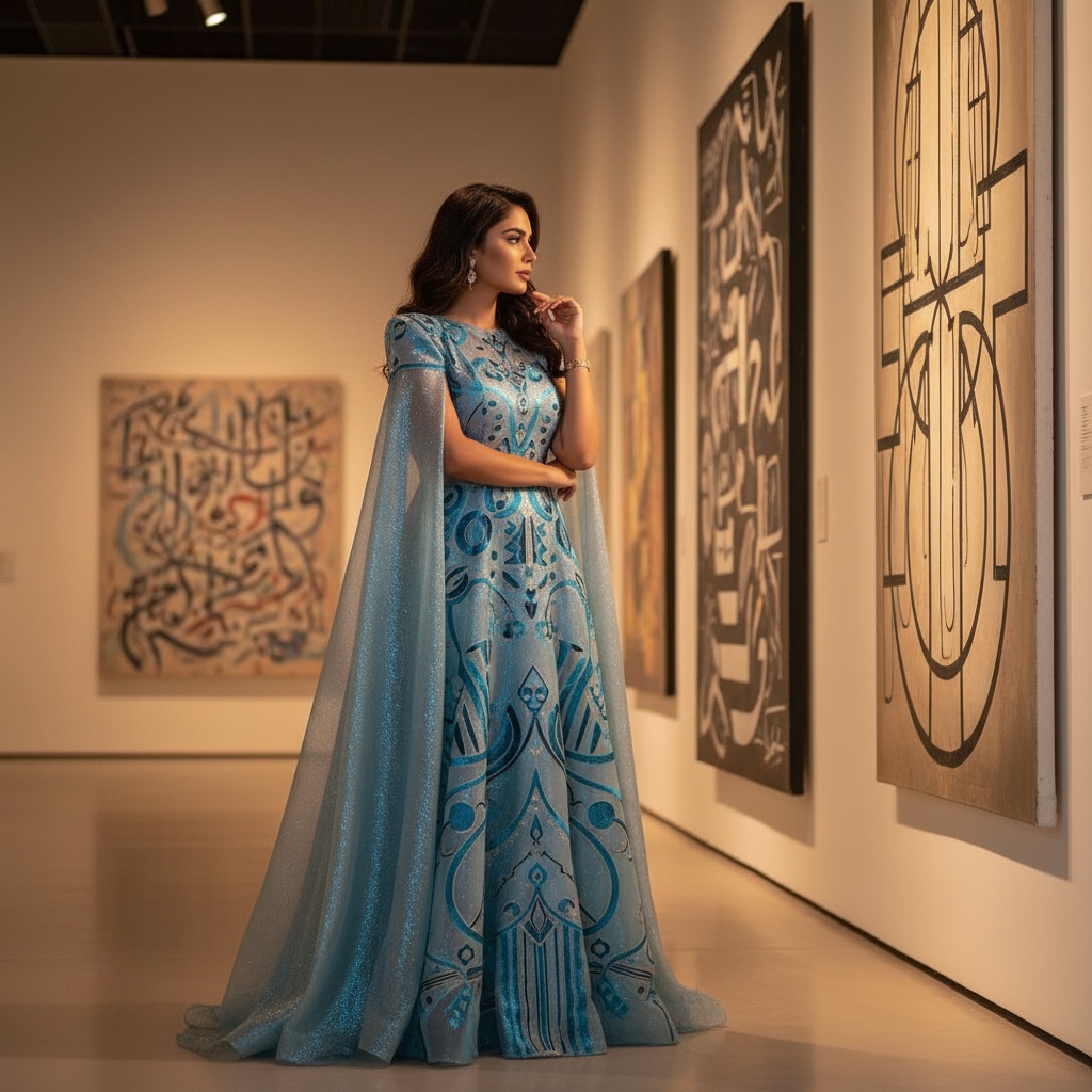 Emily, a 26-year-old Arab woman, poised elegantly in the modernist interior of the Sharjah Art Museum. She wears a stunning floor-length gown made of shimmering mirage-blue chiffon, richly adorned with hand-embroidered motifs inspired by local architecture, embodying a blend of tradition and contemporary art. Her structured asymmetrical cape dramatically frames her silhouette, enhancing her ethereal presence. Emily's hair cascades in soft waves, and she poses thoughtfully with one hand raised to her chin, enveloped in warm lighting that highlights her attire's textures. The backdrop features striking contemporary artwork, creating a cultural dialogue, with her positioned off-center to evoke a sense of movement and engagement in this captivating composition. The scene beautifully conveys a connection to cultural richness and introspective artistry, evoking both beauty and a visionary spirit. The trigger word is included for the Lora style.