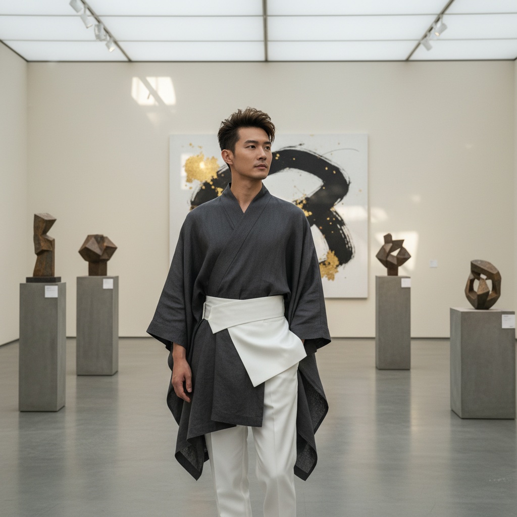 James, a striking 33-year-old Asian man, stands amidst the minimalist art installations of the Sharjah Art Museum. His avant-garde ensemble of charcoal linen and structured mikado silk speaks to contemporary art and fashion. Soft, diffused light accentuates his angular features, capturing the essence of modern sophistication within a traditional setting. The image follows the golden ratio, highlighting the fusion of identity and artistic expression.
