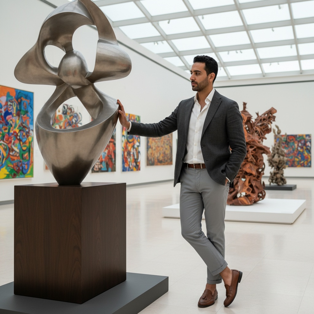 Michael, a 29-year-old Middle Eastern male artist, is elegantly positioned within the stunning confines of Sharjah Art Museum, exuding a contemplative aura. He wears a tailored charcoal linen blazer over a crisp white cotton shirt, paired with tailored cropped trousers and artisanal leather loafers. Soft natural light from the glass ceiling illuminates his thoughtful expression, creating a chiaroscuro effect highlighting his strong jawline and deep gaze. He stands relaxed yet intentional, one hand tucked into his pocket and the other touching a contemporary sculpture, engaging in an intimate dialogue with the art. The vibrant artworks in the background provide context to his creative spirit, embraced by the museum's architectural elegance. The composition emphasizes negative space, inviting appreciation for the intersection of art and identity, merging modernity with cultural sophistication. This evocative image captures the essence of the contemporary artist, making it suitable for an art publication or gallery display.