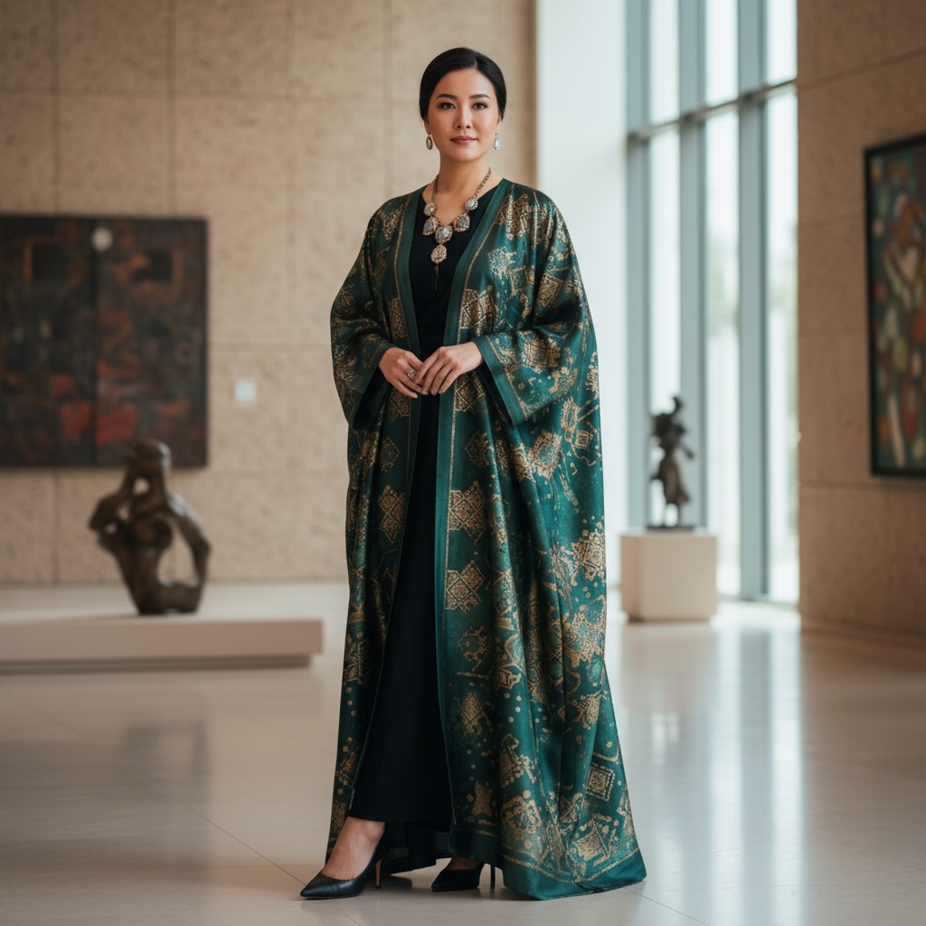 Olivia, a striking 31-year-old Asian woman, stands in the heart of the Sharjah Art Museum, embodying the spirit of contemporary art and cultural introspection. She is dressed in a flowing, hand-painted silk abaya in deep emerald and gold hues, featuring intricate geometric patterns that reflect Islamic art. Her pose is elegant, with one leg slightly forward, creating a dynamic S-curve. The soft natural light filters through expansive windows, highlighting the textured walls and contemporary art around her. A statement necklace of oversized gemstones frames her collarbone, enhancing the regal authority of her presence. The image captures empowerment and introspection, inviting viewers to explore the intersection of art and identity, with a shallow depth of field focusing on her, while the diverse museum backdrop creates openness and conversation.