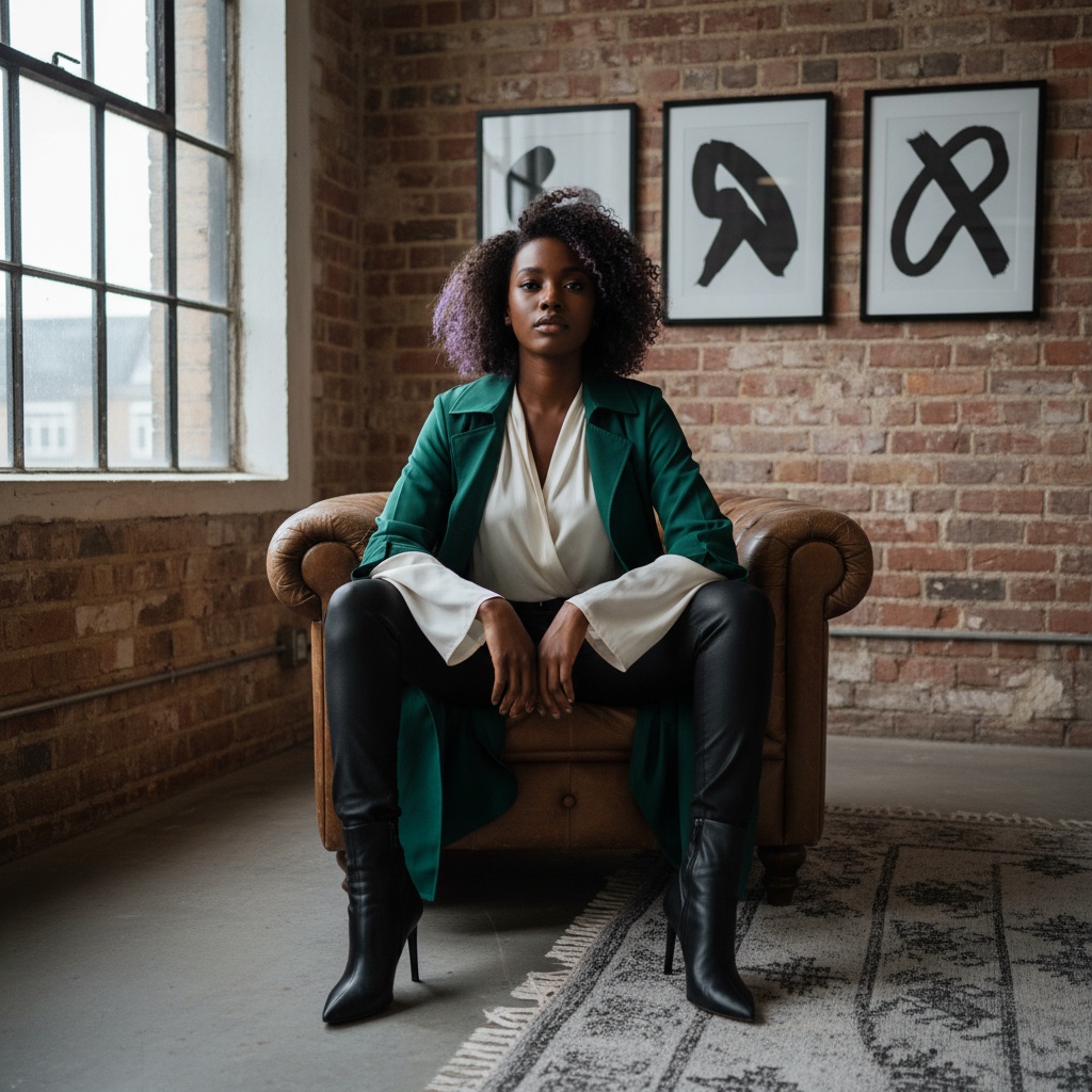 Jane, a 23-year-old Black woman embodying the edgy sophistication of contemporary London style, seated on a vintage leather armchair in an industrial loft. She's wearing a tailored emerald green trench coat over an ivory silk blouse with billowing sleeves, and sleek black leather ankle boots with stiletto heels. Soft, diffused lighting highlights her angular features and tousled hair with subtle lavender highlights. The backdrop of exposed brick walls adorned with minimalist art enhances the urban narrative, showcasing the essence of British style with a confident gaze, exuding self-assuredness and modern chic.