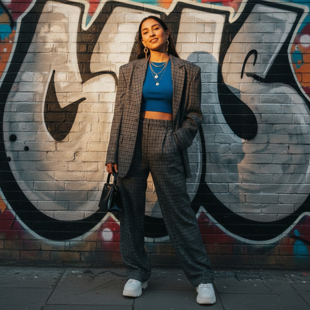 Olivia, a striking 22-year-old Latin female, captures the essence of modern British youth culture in this editorial-style photo set in vibrant London’s Soho. She exudes confidence with a playful smile, wearing an oversized checked blazer in rich charcoal with exaggerated shoulder pads, an electric blue crop top, and high-waisted tailored trousers. Her stylish accessories include chunky white platform sneakers, layered gold necklaces, and mismatched earrings, with a mini glossy black handbag in hand. Standing confidently against graffiti-covered walls, the late afternoon sun casts golden hues, creating depth and texture while employing butterfly lighting to enhance her features. This scene embodies youthful exploration and individual expression, ideal for a feature in Vogue or an art installation.