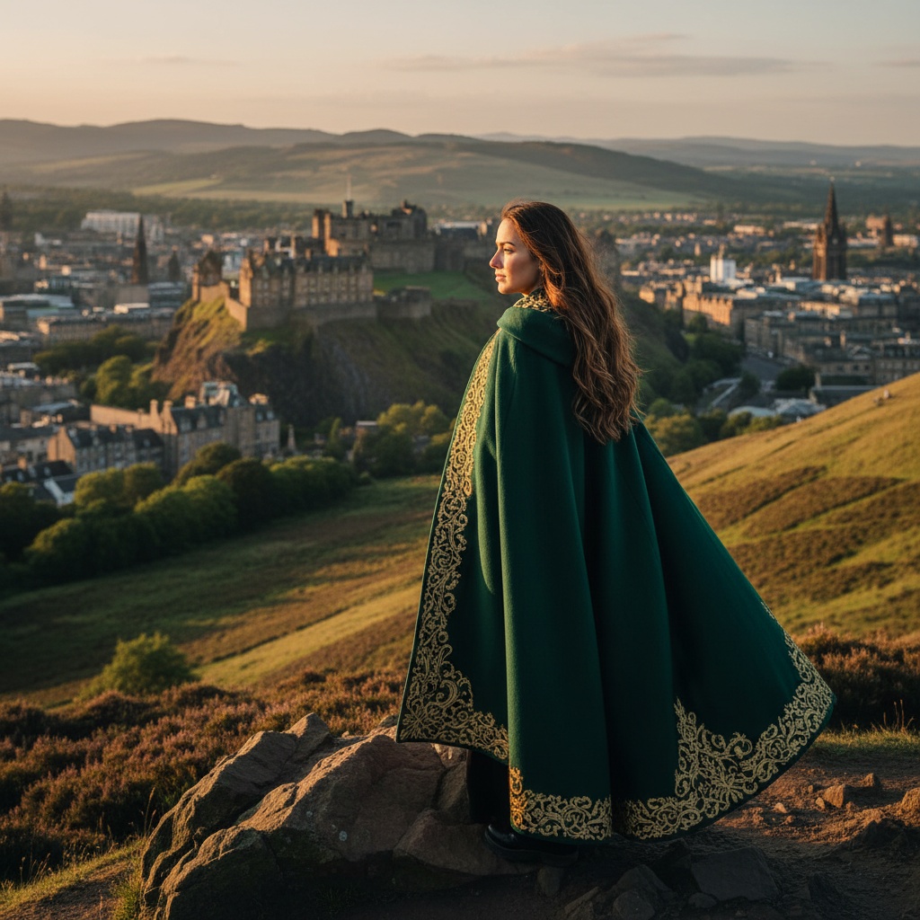 Olivia, a captivating 31-year-old Arab woman standing at the edge of Edinburgh's iconic Arthur's Seat, exuding serene majesty against a sweeping landscape of rolling hills and the vibrant city skyline. She is styled in a flowing, deep emerald green wool cloak with intricate gold embroidery, billowing elegantly in the Highland breeze. Her long, chestnut hair catches the light of the setting sun, and her expression reflects contemplation and empowerment. The dramatic backdrop includes Edinburgh Castle, with soft, natural light enhancing the textures of her outfit and landscape, creating a captivating chiaroscuro effect. This image embodies a moment of introspection and connection to Scottish heritage.