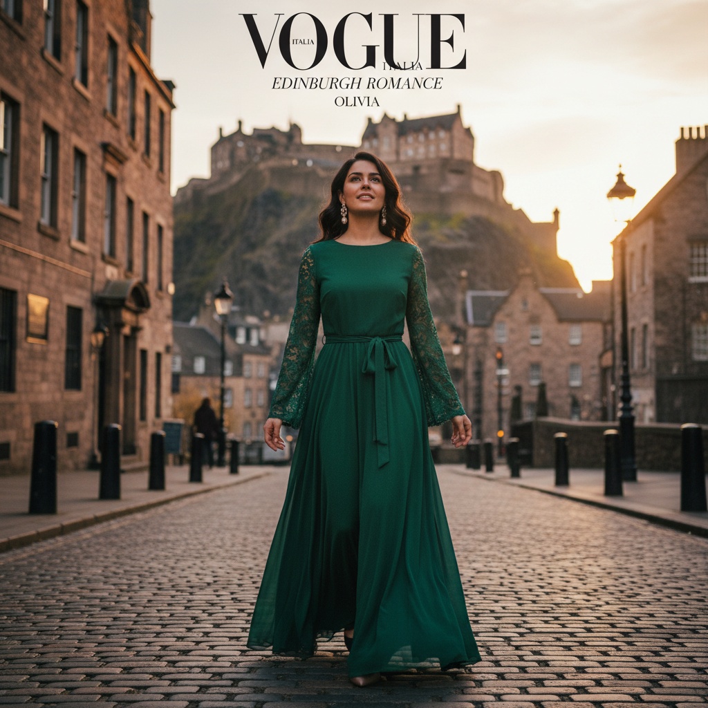 Olivia, a 25-year-old Middle Eastern woman, embodies the romantic spirit of Edinburgh's historic charm as she strolls through cobbled streets bathed in the golden hue of the setting sun. Dressed in a flowing, emerald green chiffon dress with delicate lace sleeves and a fabric belt, her hair cascades in effortless waves over her shoulders, adorned with vintage-inspired pearl earrings that catch the light. The iconic Edinburgh Castle looms majestically in the background, framed by twilight's soft glow, enhancing the enchanting aura of the city. Positioned slightly off-center, her expression reflects wonder and serenity, capturing the essence of exploration and adventure, worthy of a Vogue Italia cover. The image utilizes gentle shadows to highlight the intricate details of her attire.