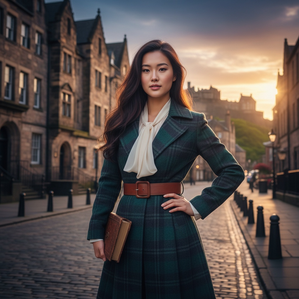 Sarah, a 25-year-old Asian woman, stands elegantly against the iconic medieval Old Town of Edinburgh. She is wearing a tailored emerald and charcoal tartan coat cinched with a leather belt, complemented by a delicate ivory chiffon blouse that adds a striking contrast. The scene captures the warm glow of the late afternoon sun illuminating the cobblestone streets and historic architecture, suggesting a magical atmosphere. With her long, tousled hair framing her features, she holds an antique book in one hand, embodying a connection to Edinburgh's literary heritage, while her other hand rests on her hip. The composition reflects a blend of historical richness and contemporary fashion, resonating with the charm of Scotland's capital, all activated by the trigger word Sarah.