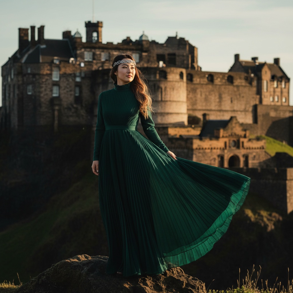Jane, a 23-year-old Asian woman, stands majestically in front of the iconic Edinburgh Castle. She embodies the spirit of a historical figure with a modern twist, dressed in a flowing deep emerald chiffon georgette gown that catches the cool Scottish winds. The dress features delicate hand-pleats and a high collar, highlighting her elegant neck. Styled in loose waves and adorned with a silver circlet reminiscent of Celtic motifs, her luminous complexion is accentuated by late afternoon light. She stands poised on a slight rise, her silhouette contrasting with the castle's battlements, telling a story of resilience and nobility amidst Scotland's rich history, evoking themes worthy of a fashion editorial. The composition is designed with the rule of thirds, emphasizing her regal presence and the grandeur of the setting.