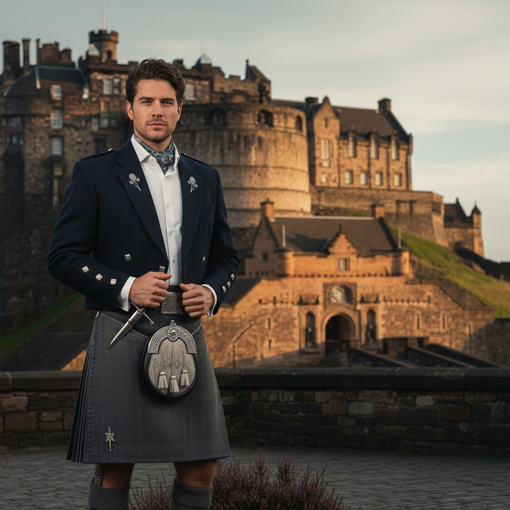 John, a striking 33-year-old white male figure, stands regally in front of the majestic Edinburgh Castle, embodying a contemporary Scottish nobleman. He wears a meticulously tailored charcoal gray kilt with silver brogue detailing, and a fitted navy double-breasted jacket with subtle thistle embroidery. A crisp white dress shirt and muted plaid cravat add a modern twist to his traditional attire. The castle's ancient stone walls glow softly in the golden hour, enhancing the romantic and historical ambiance. His stoic yet relaxed pose, with one hand on a decorative dagger and the other on his kilt, showcases strength and sophistication. The chiaroscuro lighting emphasizes his chiseled features and tousled dark hair, perfectly framing his face. The composition follows the rule of thirds, with the castle positioned dramatically in the background, capturing the timeless allure of Scotland's cultural legacy. This portrait invites appreciation for the blend of tradition and modern elegance.