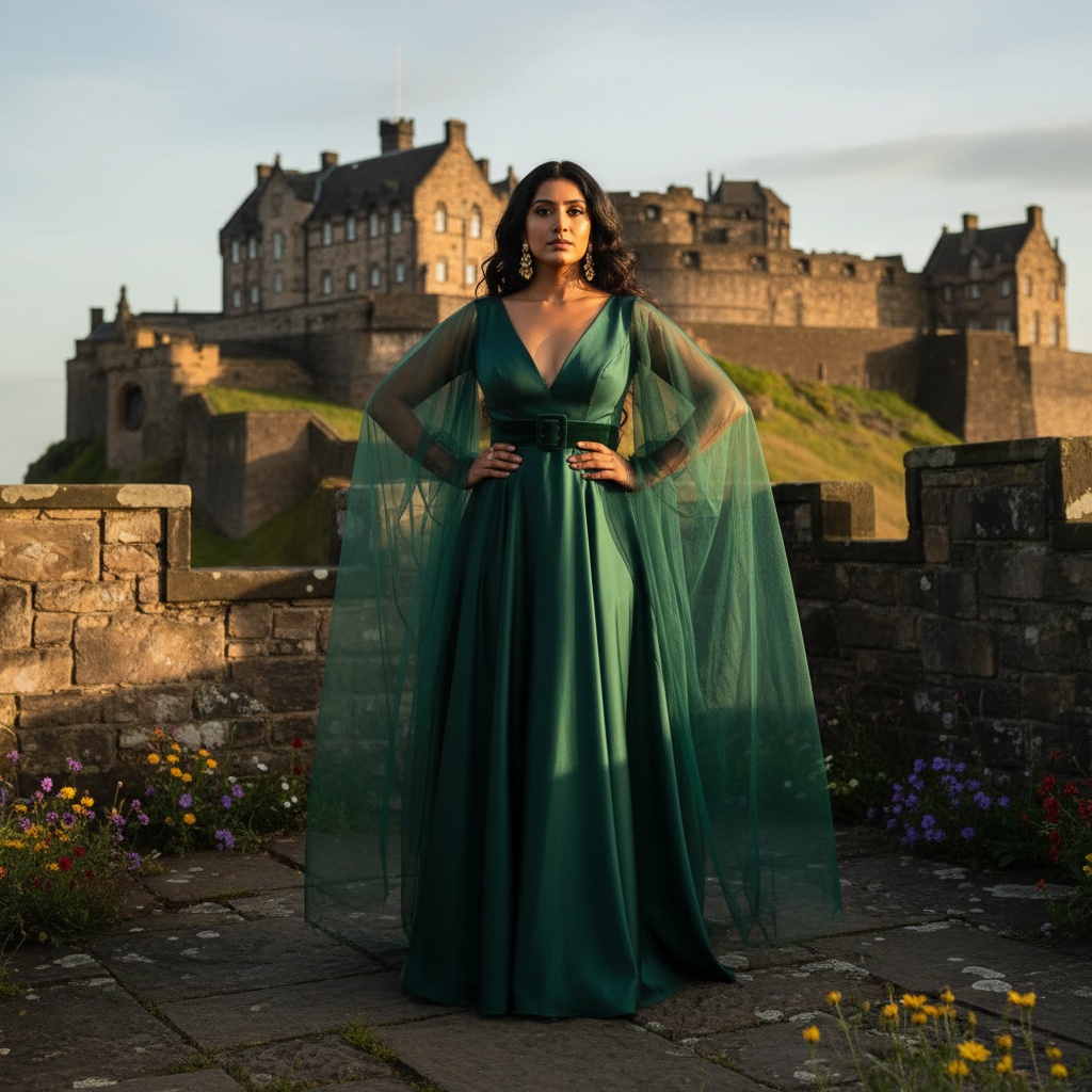 Olivia, a 35-year-old Indian woman embodying regal resilience, standing confidently on a rugged stone terrace in front of Edinburgh Castle. She's wearing a luxurious, floor-length deep emerald silk gown with sweeping tulle illusion sleeves and an oversized velvet belt, enhanced by bold gold statement earrings. Her long dark hair cascades in soft waves, framing a face of wisdom and courage. The soft glow of the late afternoon sun bathes the ancient castle in golden hues, while wildflowers dot the landscape, adding vibrant colors. The composition utilizes chiaroscuro lighting to sculpt her features against the majestic backdrop, evoking themes of empowerment and elegance.