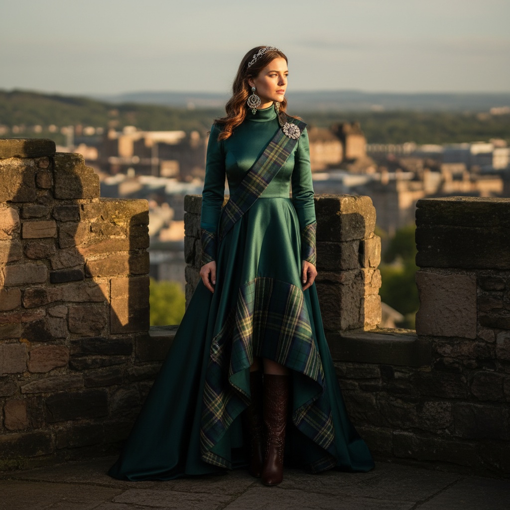 Sarah, a striking female figure aged 32, embodies the spirit of a modern-day Scottish queen at the majestic Edinburgh Castle. She wears a floor-length gown of deep emerald silk with intricate tartan accents, featuring a high neckline and asymmetrical hem that flows gracefully. Her soft waves frame her face, enhanced by a delicate silver circlet and Celtic statement earrings. The warm glow of golden hour light captures her regal yet approachable pose as she stands on the castle's ramparts, gazing towards the horizon. This scene conveys the depth of heritage and timeless beauty, perfect for a prestigious fashion publication.