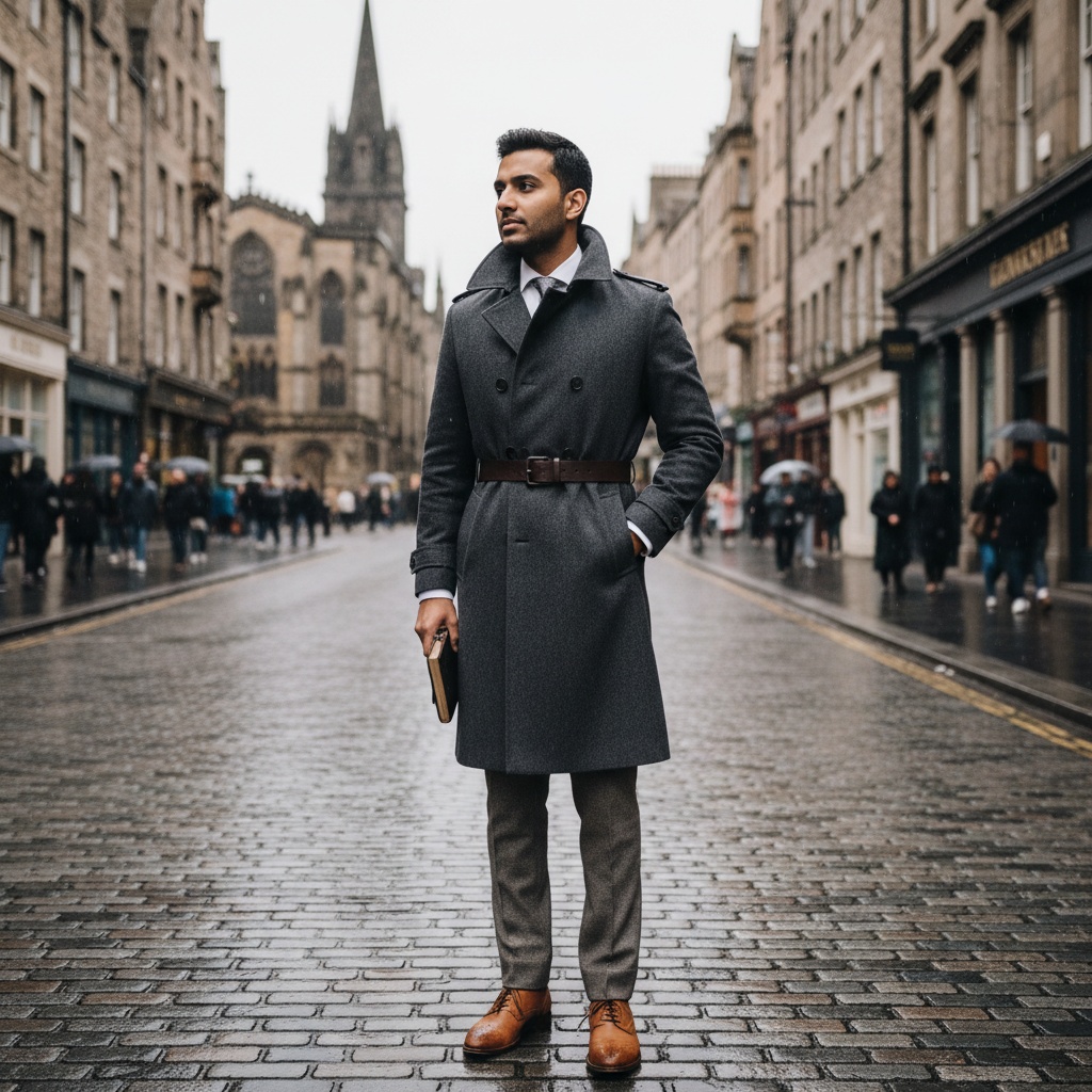 A striking portrait of David, a 32-year-old Indian male, standing elegantly on the historic Royal Mile of Edinburgh. He embodies the essence of a modern-day nobleman, wearing a tailored charcoal grey trench coat made from cashmere, cinched at the waist with a brushed leather belt. Underneath, a crisp white shirt with intricate silver cufflinks complements tailored trousers featuring subtle herringbone patterns. His handmade brogues ground him in authenticity, while the soft drizzle creates a cinematic ambiance on the cobblestones. One hand is tucked in his pocket, the other holding a leather-bound notebook, as he gazes thoughtfully into the distance. Warm, diffused lighting enhances the textures of his coat and the architecture behind, with negative space giving an air of introspection amid the bustling life of the city. This image captures contemporary elegance against a regal heritage, inviting contemplation of the stories laden in the historic streets.