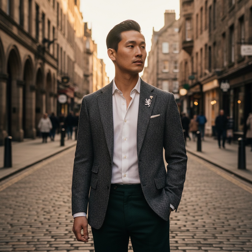 John, a 22-year-old Asian male exuding regal sophistication, stands on the cobbled stones of Edinburgh's Royal Mile. He dons a tailored charcoal grey tweed blazer with intricate herringbone patterns, contrasted by deep emerald green trousers. A crisp white silk shirt peeks from beneath his blazer, collar undone for a relaxed yet polished look. His dark brown hair is swept back, showcasing his chiseled jawline as he gazes contemplatively into the distance. The scene is bathed in the soft, golden light of the setting sun, enhancing the historical ambiance around him. Iconic stone facades and gothic architecture frame the composition, hinting at vibrant street life, creating a mood of quiet confidence and modern aristocracy, with an emotional tie to Scotland's rich cultural heritage. This image captures the essence of youth, culture, and sophistication, perfect for a high-end fashion editorial.