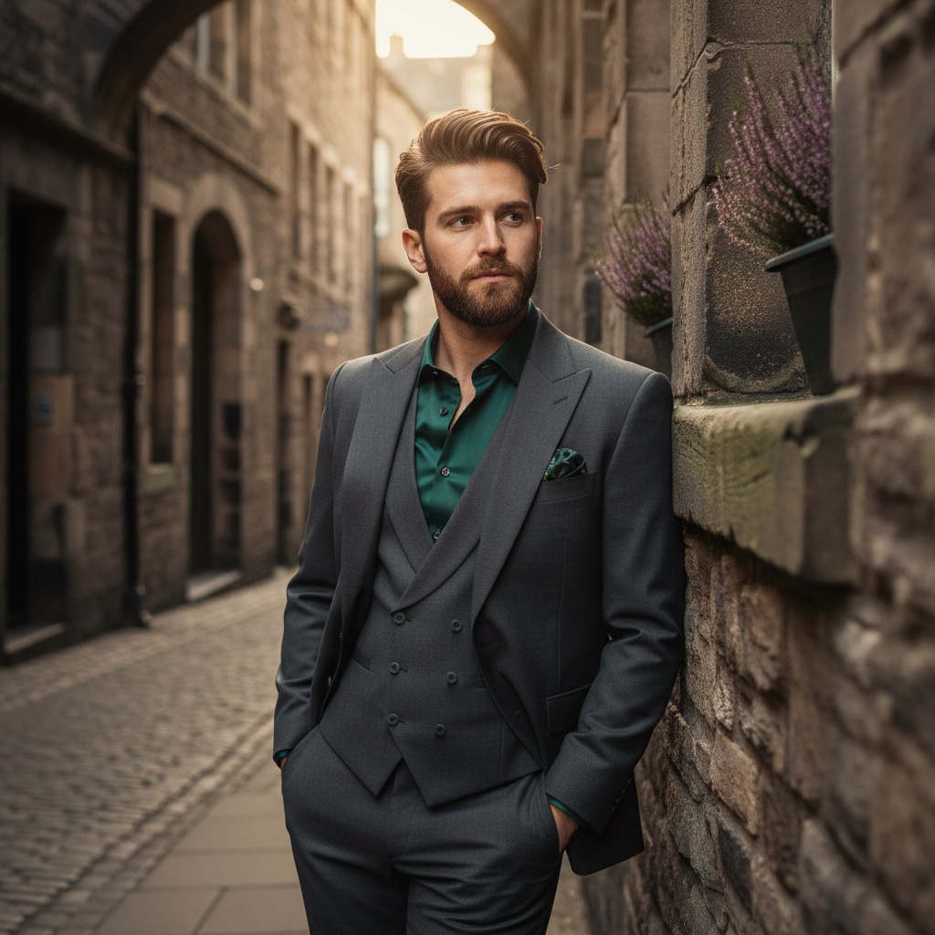 A striking portrait of John, a 23-year-old white male model, embodying contemporary regality against the historical backdrop of Edinburgh’s Royal Mile. He wears a tailored charcoal three-piece suit with elegant peak lapels and deep emerald silk shirt. Styled hair and a well-groomed beard enhance his modern sophistication. Leaning casually against a weathered stone wall, he projects relaxed confidence, illuminated by the golden hour’s light that casts a warm glow around him. Cobblestones and shadowy archways artfully frame him, with hints of feathery heather in the background, blending tradition and modernity, capturing an aura of contemplative confidence and timeless elegance. The composition follows the rule of thirds, leading the eye to him magnificently.