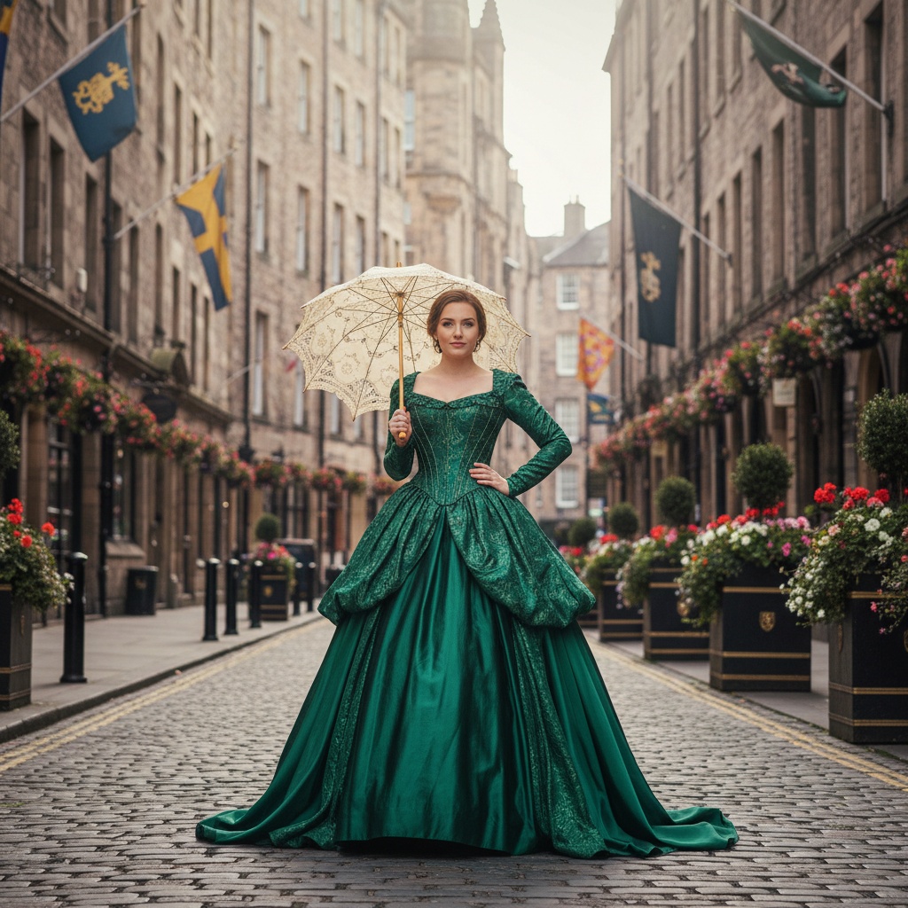 Olivia, a 32-year-old Caucasian female embodying regal poise and modern sophistication, stands along Edinburgh's Royal Mile. She wears a luxurious emerald green silk gown with an elaborate corseted bodice and cascading hand-pleated skirts. Delicate brocade detailing catches the soft Scottish sunlight. Olivia holds a vintage lace parasol, showcasing her graceful posture, with one hand at her waist. The cobblestoned street is framed by towering ancient buildings and adorned with fluttering banners and blooming flowers. The natural, diffused light adds an ethereal quality, enhancing her captivating presence against the backdrop of historical richness. This fashion shoot encapsulates a dreamlike narrative of heritage and majesty, inviting viewers into a world where past and present coexist.
