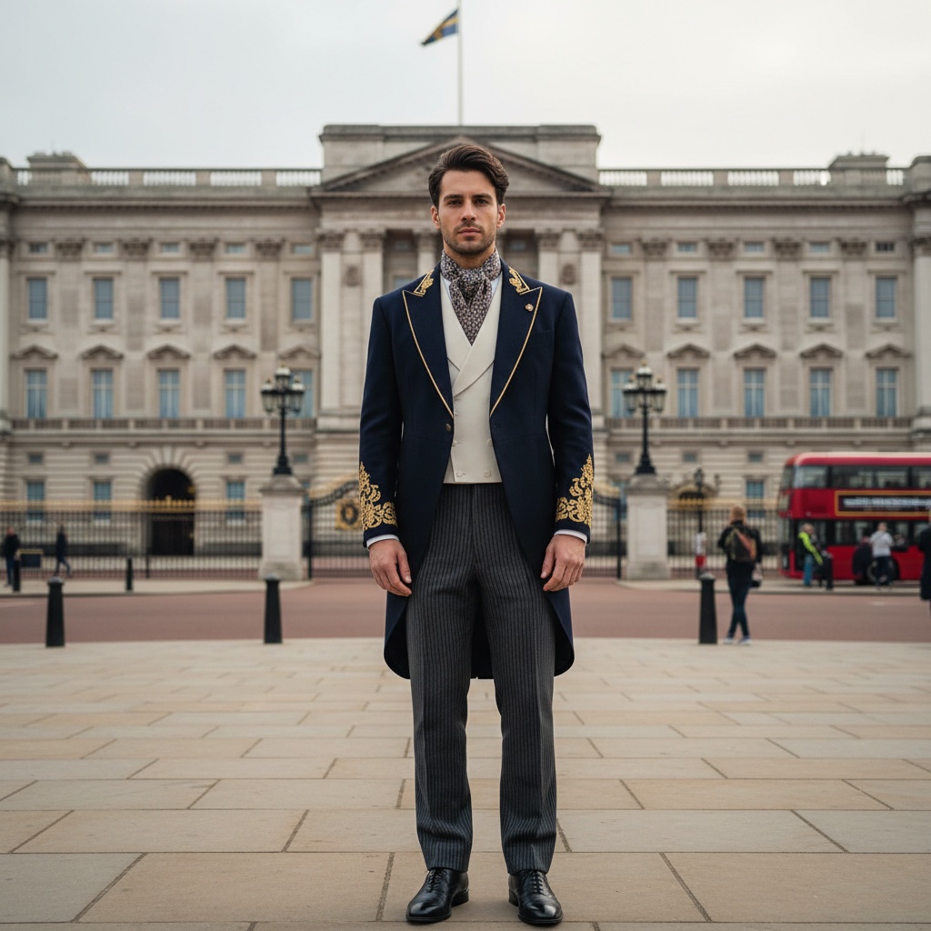 James, a 34-year-old Arab male figure, embodies regal sophistication as he stands poised before the grandeur of Buckingham Palace. Dressed in a tailored navy blue morning coat made of fine English wool, adorned with gold-embroidered lapels and a crisp white waistcoat beneath, he exudes polished elegance. His tailored trousers finish with a subtle stripe enhance his stature. His stoic expression reflects thoughtful contemplation, dark brown hair impeccably styled, adding to his refined nobility. The palace backdrop looms majestically, with soft morning light casting gentle shadows and enhancing the textures of his ensemble. The composition captures a sense of timeless elegance, ideal for a distinguished fashion publication, resonating with cultural gravitas and aristocratic charm.