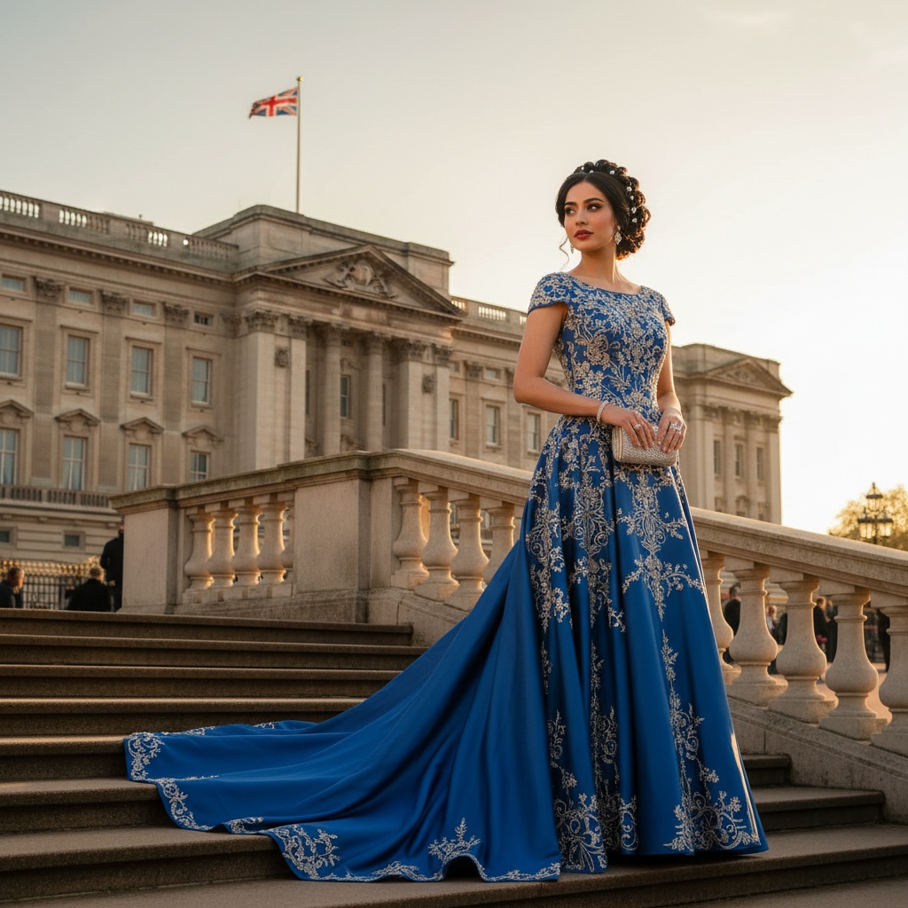 Jane, a captivating 24-year-old Arab woman, embodies the regal essence of a modern-day royal at Buckingham Palace. Dressed in an opulent royal blue silk chiffon gown with intricate embroidery that sparkles, she stands gracefully on the pristine steps. The gown's sweeping train and delicate cap sleeves enhance her statuesque silhouette. Her elaborate updo interwoven with pearls reflects both tradition and contemporary chic. Beautiful makeup with soft peach tones and a classic red lip enhances her features. The diffused golden glow of the setting sun bathes the historic architecture, adding to her ethereal presence. She poses confidently, one hand on the balustrade and the other holding a crystal-adorned clutch, channeling the dignified allure of British royalty. This image captures the grace and strength of a modern empress while paying homage to Buckingham Palace's rich heritage.