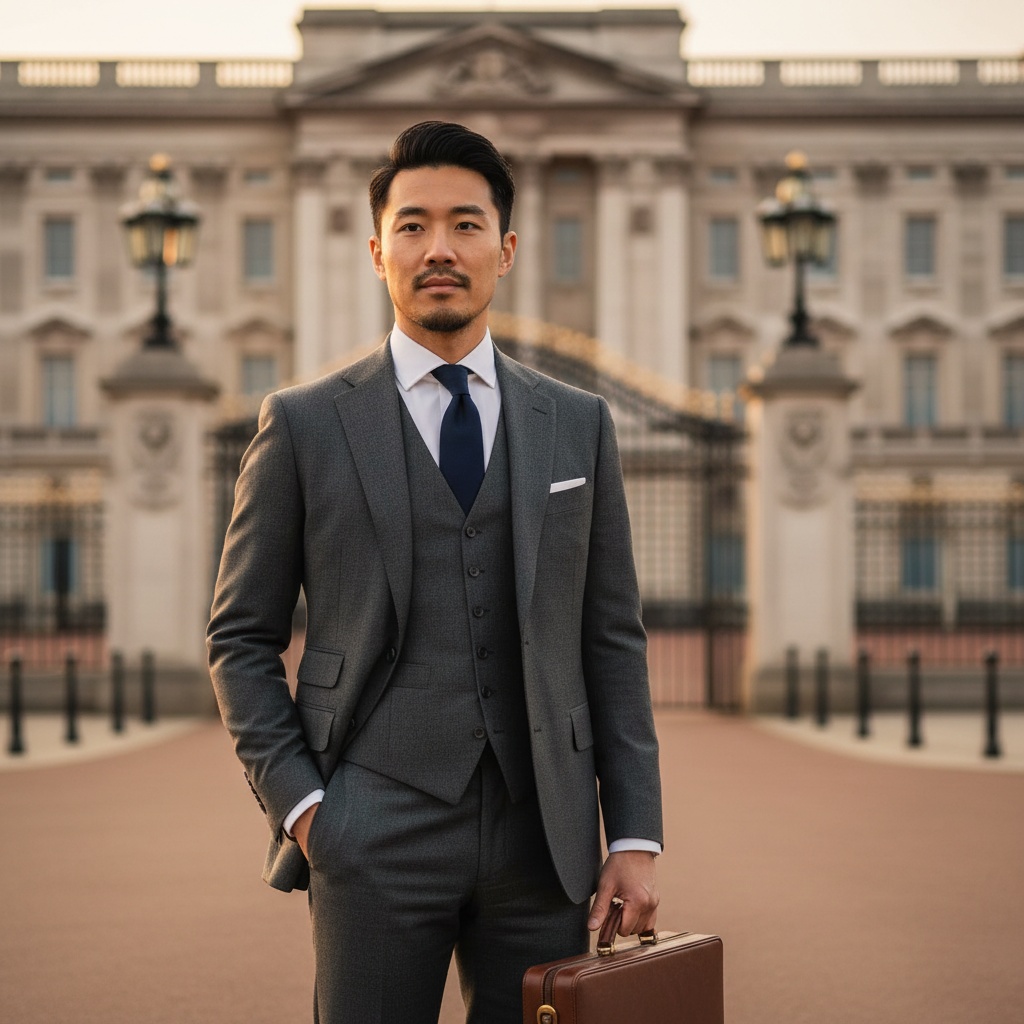 John, a distinguished 32-year-old Asian male figure exuding charisma and sophistication, poised regally at the gates of Buckingham Palace at golden hour. He is dressed in a sharply tailored charcoal gray three-piece suit made from fine Italian wool, complete with a crisp white shirt and a silk tie in royal navy. His meticulously styled hair and hint of stubble add charm to his polished appearance. Standing confidently with one hand in his pocket and the other holding a classic leather briefcase, he showcases modern nobility. The soft blur of the palace's wrought iron gates and stately architecture forms the backdrop, bathed in warm light that highlights the textures of his suit, encapsulating ambition and elegance.