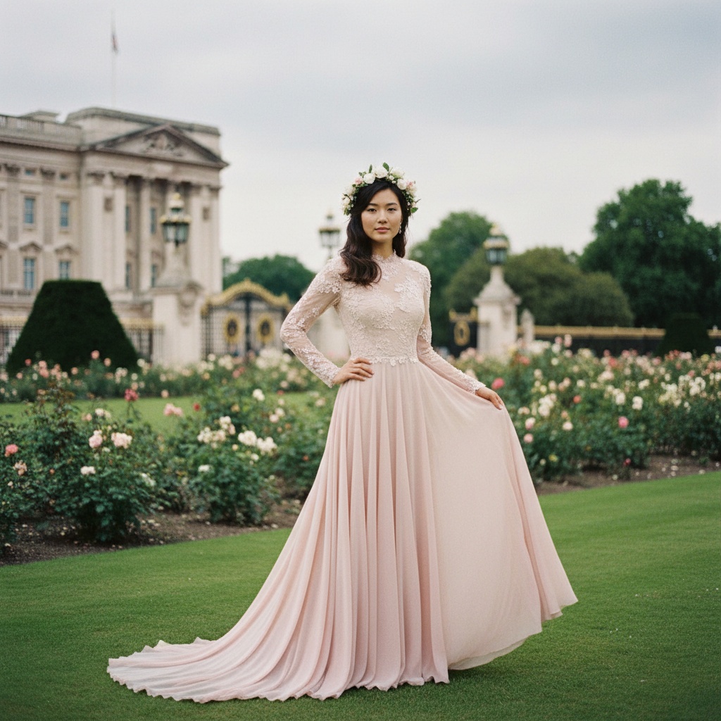 Olivia, a 22-year-old Asian woman exuding regal elegance, embodies the spirit of a modern-day royal in the historic gardens of Buckingham Palace. She is poised in a flowing, blush-hued chiffon gown that cascades to the ground, featuring delicate lace detailing along the sleeves and a high neckline. Her hair is styled in soft, loose waves adorned with a floral crown. The iconic palace and lush greenery create a backdrop of grandeur, illuminated by natural diffused lighting that enhances her serene sophistication. One hand is placed on her hip while the other gently grazes her gown, projecting grace and confidence, capturing the essence of aspiration and elegance suitable for Vogue Italia.