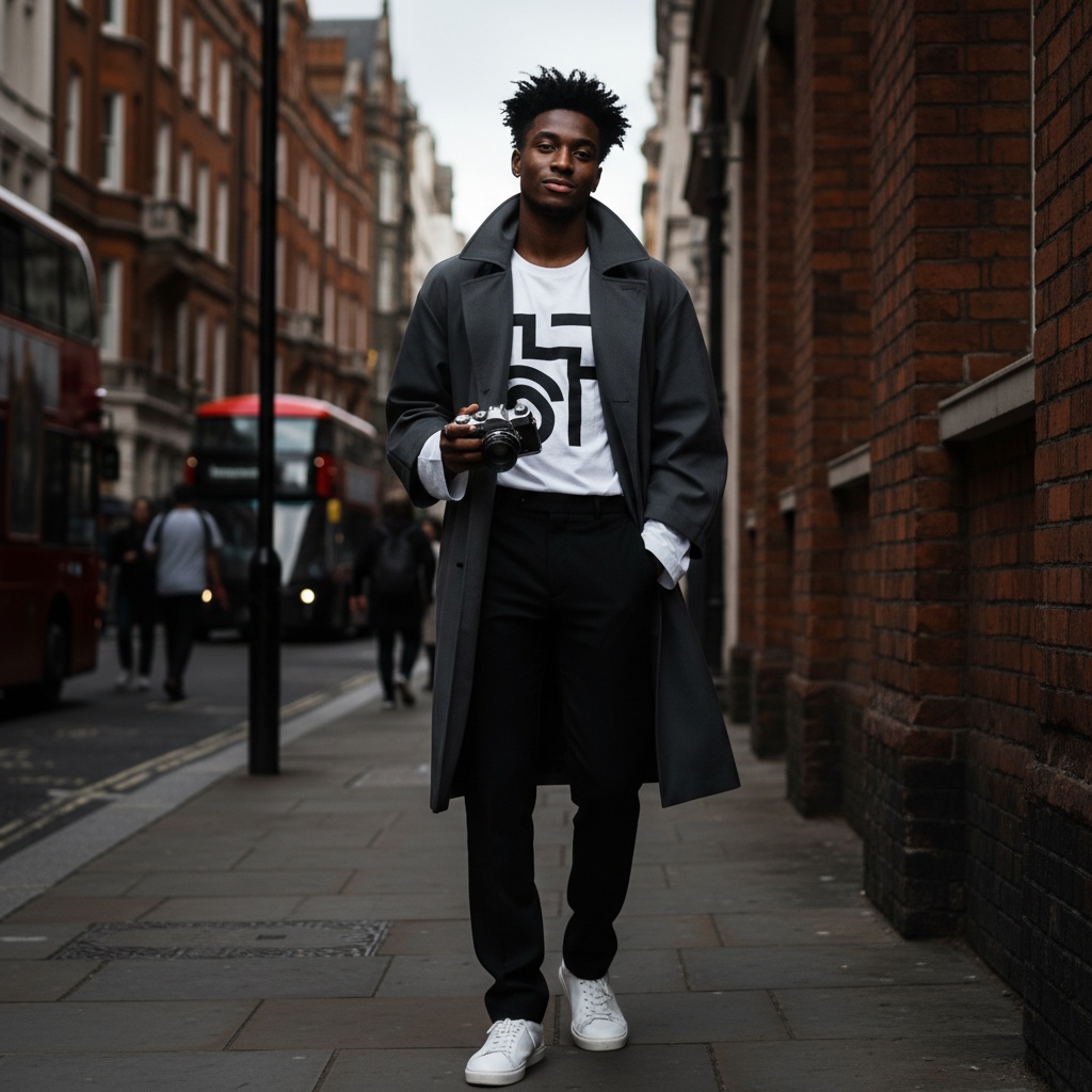 John, a 22-year-old Black male figure embodying the rebellious spirit of contemporary London, stands confidently against an iconic red-bricked Georgian façade. He wears an avant-garde, tailored charcoal trench coat with sharp lines and an asymmetrical collar, layered over a stark white graphic tee with exaggerated sleeves, paired with tailored black trousers and pristine white sneakers. His tousled hair and slight smirk add a youthful charm, and he holds a vintage camera, reflecting the artful essence of street photography. The bustling energy of London life surrounds him, captured in chiaroscuro lighting that emphasizes his features and style, creating an atmosphere of urban elegance and youthful rebellion.