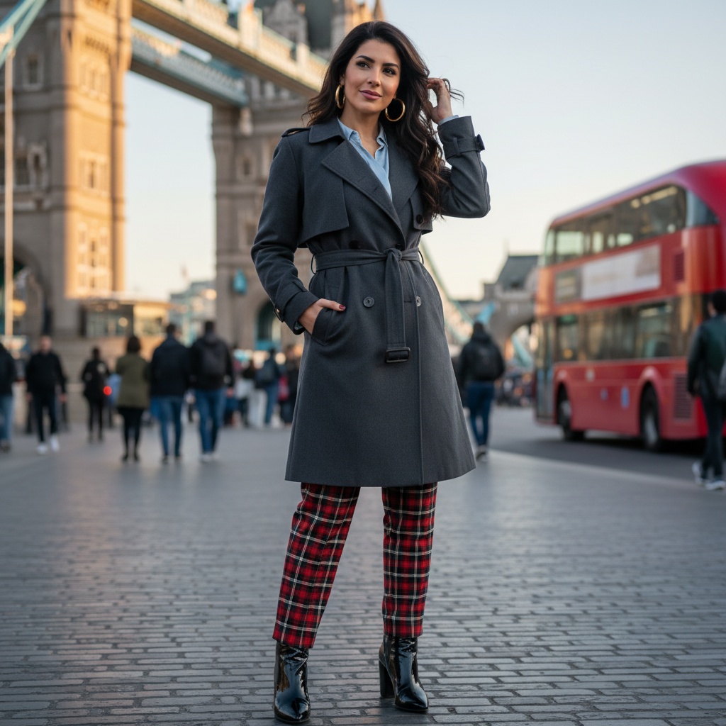 Olivia, a poised Arab woman aged 30, stands gracefully in front of a historic London bridge, capturing the essence of modern femininity. She wears a chic, structured double-breasted trench coat in charcoal, cinched at the waist, with a delicate ice-blue silk blouse peeking underneath. Her tailored trousers feature a bold tartan pattern, complemented by glossy black patent ankle boots and gold hoop earrings. The soft evening light bathes her figure, highlighting the intricate details of her outfit. Her casual yet elegant pose, with one hand in her pocket and the other brushing back a loose strand of hair, radiates confidence. The city’s energy surrounds her, with blurred figures and red buses in the background, enhancing the urban atmosphere of London. This photograph embodies sophistication and contemporary British style, inviting viewers to connect with her story.