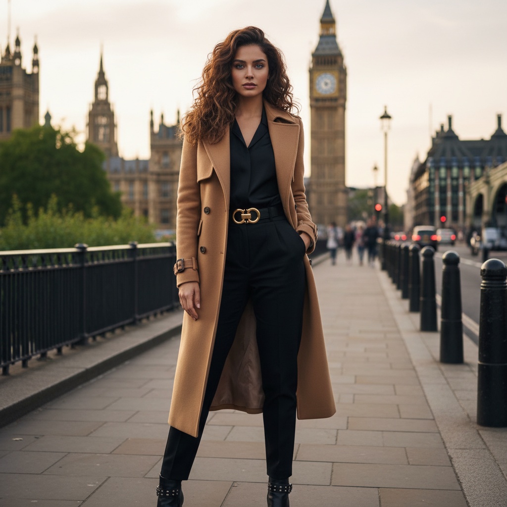A striking portrait of Olivia, a 29-year-old Middle Eastern woman exuding urban elegance in the vibrant streets of London. She's dressed in a tailored, double-breasted trench coat in rich camel wool, perfectly draped to showcase her silhouette. A structured black silk blouse peeks through, cinched at the waist with a statement leather belt adorned in gold hardware. Her hair is styled in loose, voluminous waves, illuminated by the soft London golden hour light. Her piercing blue eyes gaze confidently at the camera. She pairs sleek, high-waisted cigarette pants with polished black ankle boots featuring metallic accents. The backdrop displays iconic London architecture, capturing the essence of cosmopolitan sophistication while the lush greenery of a nearby park enhances the scene. The composition emphasizes her as the focal point, blending fashion with the vibrant pulse of urban life, creating an empowered and individualistic aura.