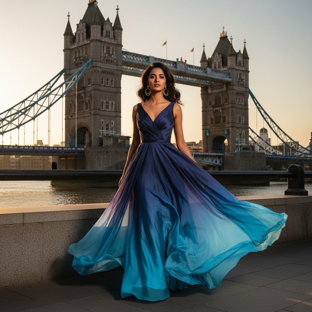 Emily, a 24-year-old Indian woman, stands elegantly in front of London's iconic Tower Bridge, embodying modern sophistication. She wears a flowing, color-blocked gown transitioning from deep navy at the bodice to bright cerulean at the hem, made of silk chiffon with airy layers. Her tousled waves frame her face, complemented by oversized geometric gold hoop earrings. As she gazes confidently at the camera, the golden hour sunlight bathes the scene, enhancing the gown’s hues while Tower Bridge's gothic arches serve as a majestic backdrop, perfectly capturing the blend of historical grandeur and contemporary fashion.
