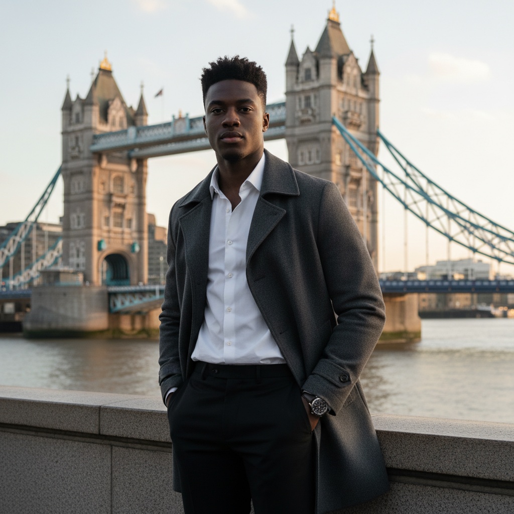 John, a striking 23-year-old Black male figure, stands confidently in front of London's iconic Tower Bridge, dressed in a tailored charcoal-gray trench coat made from a luxurious wool blend, sharp lapels reflecting the architectural lines of the bridge. Beneath, a crisp white shirt and tailored black trousers accentuate his sleek silhouette. The background features the sweeping arches of Tower Bridge, bathed in the warm glow of the setting sun, creating a romantic atmosphere. He adopts a relaxed yet poised stance, with one hand in his pocket and the other lightly touching the bridge's stonework. His effortlessly styled hair frames strong features, and a subtly striking watch peeks from under his coat sleeve, adding sophistication. The soft golden hour lighting beautifully illuminates his face, adhering to the rule of thirds, while the bridge frames him, embodying the adventurous spirit of a modern urban explorer. The photograph captures the blend of contemporary fashion and historic charm of London.