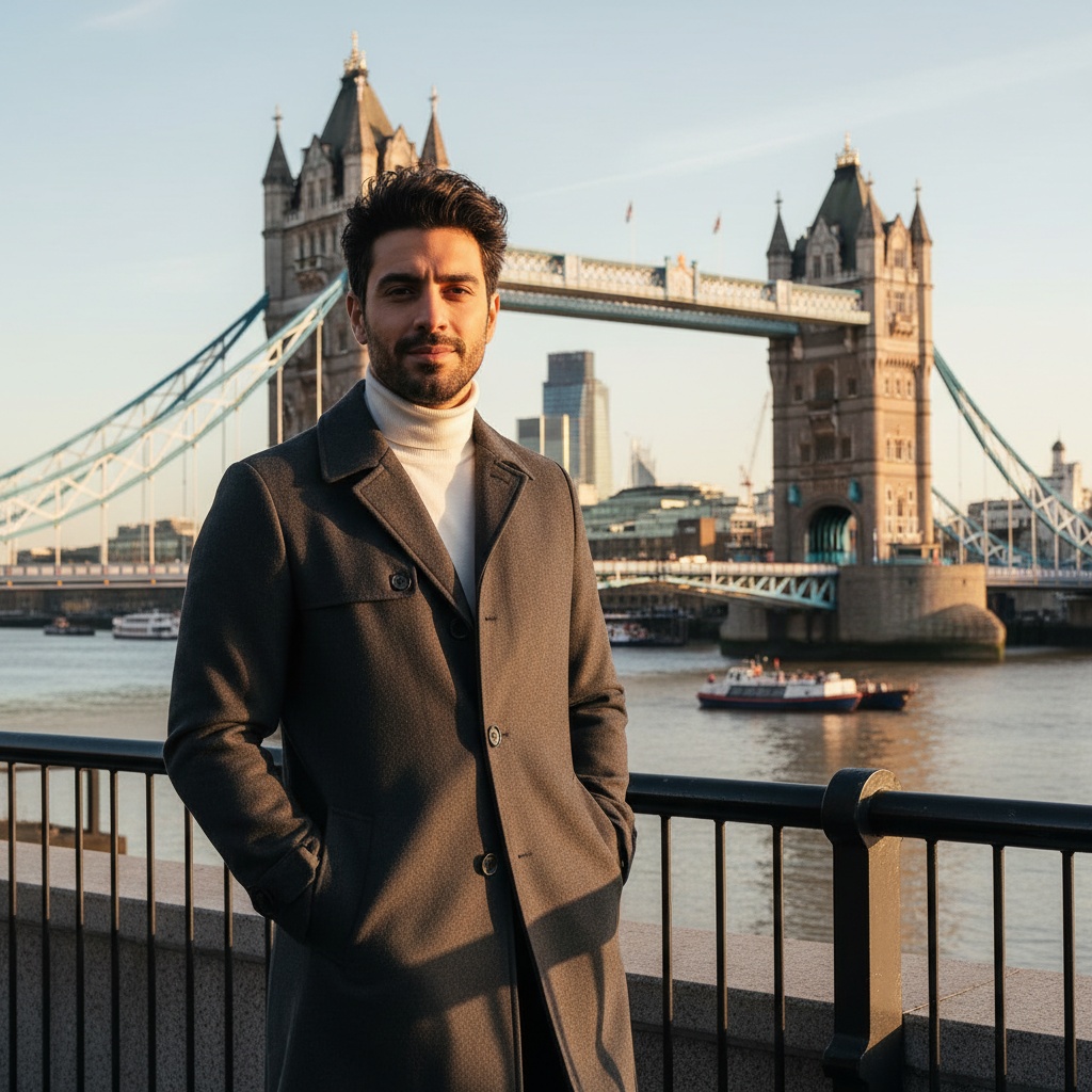 Michael, a 28-year-old Middle Eastern male, stands confidently before the iconic Tower Bridge in London, dressed in a sharply tailored charcoal grey trench coat over a fitted white turtleneck. The golden hour glow creates a cinematic ambiance, highlighting his rugged jawline and tousled hair. His pose is relaxed yet purposeful, with one hand in his pocket, reflecting urban sophistication. The majestic Tower Bridge frames the scene beautifully, blending classic and modern elements, evoking a sense of adventure and ambition in contemporary London life. This image captures not just a moment, but a narrative of exploration and style.