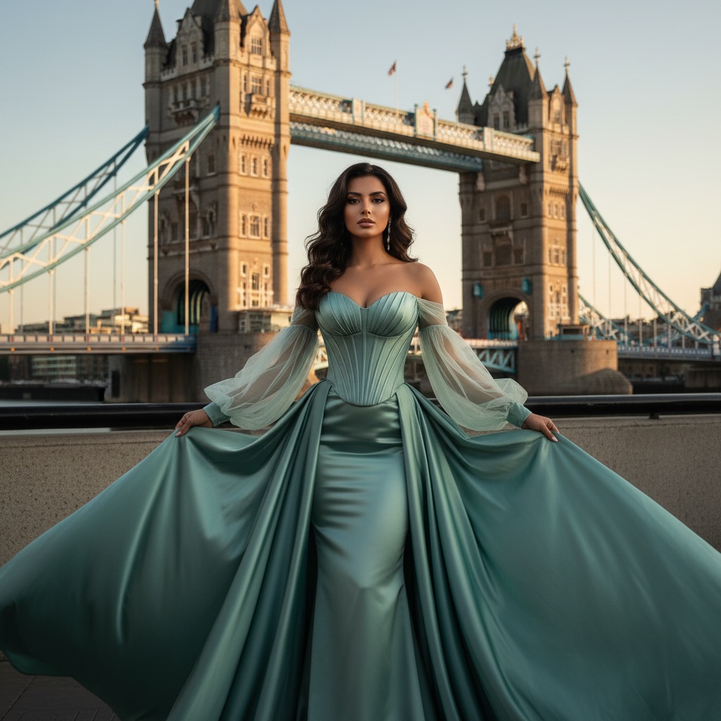 Olivia, a 34-year-old Arab female model, poses majestically in front of London's iconic Tower Bridge. She is wearing a stunning seafoam green duchesse satin gown that cascades elegantly around her, featuring a hand-pleated bodice and ethereal tulle illusion sleeves. Her luxurious waves frame her face, and her piercing gaze meets the camera, radiating strength and elegance. The scene is illuminated by golden hour light, enhancing the shimmer of her gown and her flawless porcelain skin. The majestic backdrop of Tower Bridge adds a dramatic essence that symbolizes resilient beauty, capturing an urban romance with a sophisticated twist.