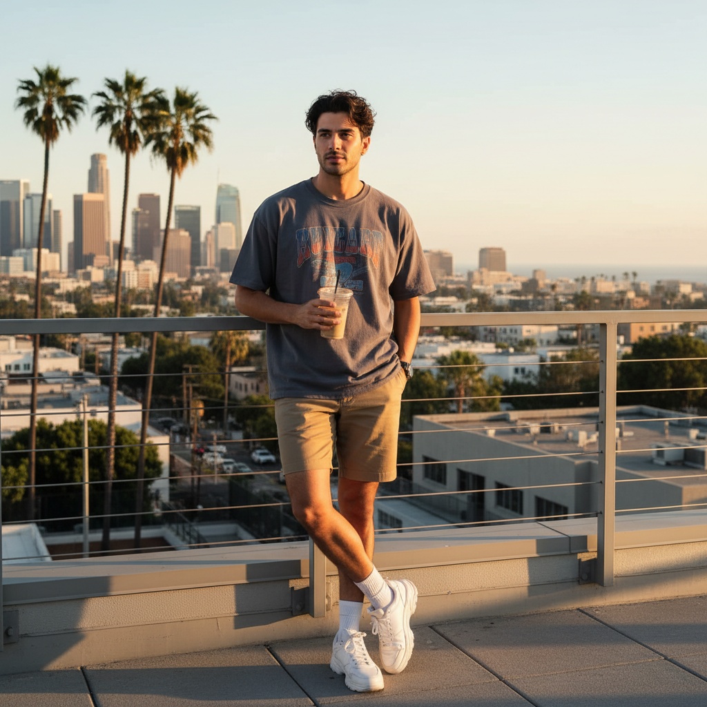 John, a striking 27-year-old male of Middle Eastern descent, embodies the effortless cool of Los Angeles street style. He wears an oversized vintage-inspired graphic tee in faded charcoal, tailored khaki shorts, and chunky white sneakers. The setting is a sun-drenched rooftop terrace that offers sweeping views of the Los Angeles skyline, framed by swaying palm trees, all bathed in the warm glow of the golden hour. Leaning casually against the rail, his relaxed posture shows one hand tucked in his pocket, while the other holds a half-drunk iced coffee. His tousled dark hair frames a youthful face illuminated with energy. Artful natural lighting highlights his chiseled features, creating soft shadows that play across his jawline, encapsulating the vibrant allure of LA and the spirit of modern urban living.