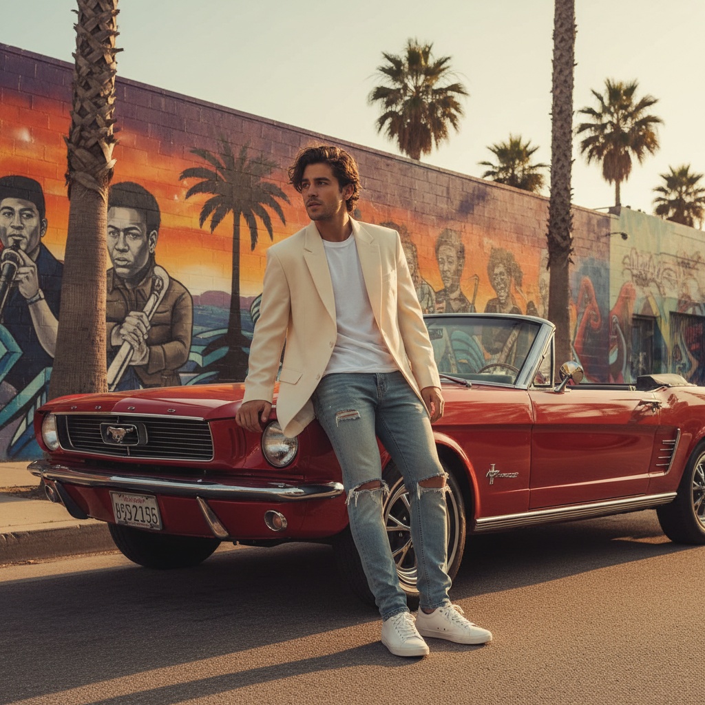 John, a 26-year-old Latin male model, leans effortlessly against a vintage car on a sun-soaked street in Los Angeles. He dons a tailored, oversized cream blazer over a fitted white tee, paired with distressed denim jeans and classic white sneakers, merging sophistication with a laid-back vibe. His tousled hair catches the warm light of the late afternoon sun, creating a soft halo effect around his head. The backdrop features vibrant street art and palm trees, encapsulating L.A.'s eclectic spirit. He gazes slightly off-camera with introspection and confidence, as dramatic shadows illuminate his chiseled jawline. The composition reflects youthful ambition against California's cultural tapestry, making it striking for any fashion editorial. The warm glow of sunset enriches the scene, highlighting the vibrant lifestyle of L.A.