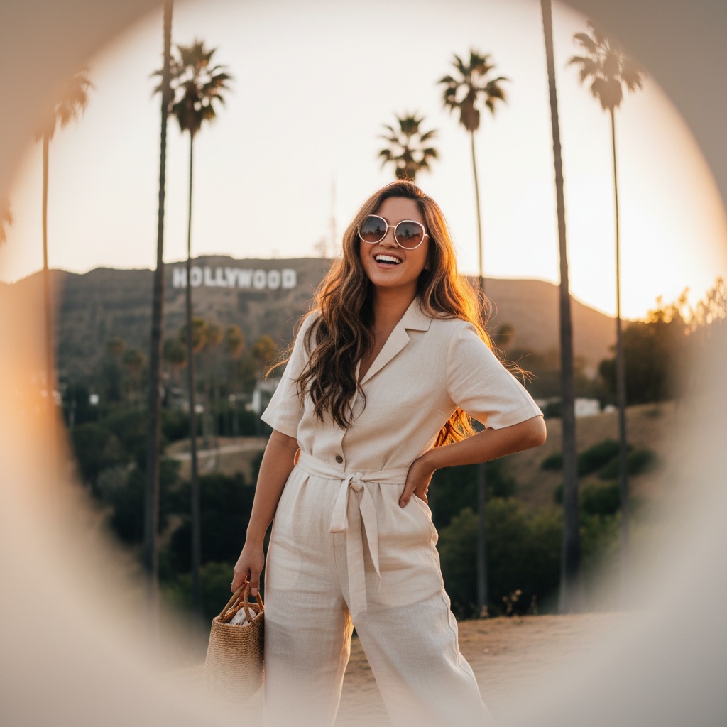 Sarah, a 23-year-old Asian woman, embodies the vibrant energy of Los Angeles against a backdrop of palm trees and the iconic Hollywood sign. She wears a lightweight, cream-colored linen jumpsuit cinched at the waist, billowing gently in the warm breeze, perfectly reflecting the golden hour's glow. Her tousled hair cascades in beachy waves, and oversized retro sunglasses add a sophisticated touch. The confident pose, with one hand on her hip, and a playful gaze toward the lens, radiates modern elegance. Soft focus around the edges enhances her radiant smile, capturing the essence of a carefree LA summer day.
