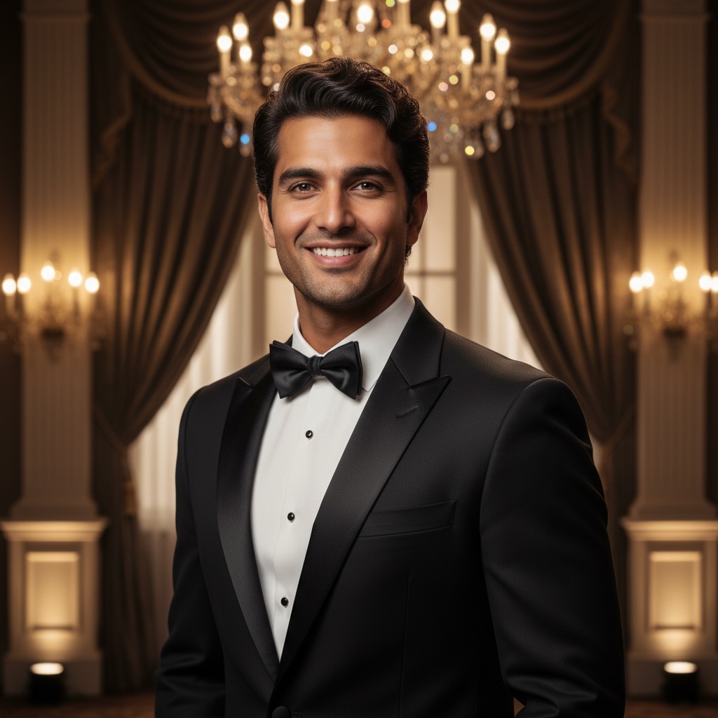 David, a 32-year-old Indian male figure exuding classic Hollywood glamour, stands confidently in a sleek black tuxedo made of sumptuous silk. The sharp lines enhance his athletic frame, and a crisp white shirt contrasts against his rich charcoal bow tie, embodying timeless sophistication. His tousled hair is styled effortlessly, reminiscent of golden age icons like Cary Grant. He wears a charming smile that invites intrigue. The opulent Hollywood event space behind him is draped in velvet with soft golden lights casting a warm halo. Reflections from glimmering chandeliers add depth while chiaroscuro lighting sculpts his strong features, creating a cinematic vibe. Positioned slightly off-center, he captures not just fashion but Hollywood's magnetic allure, blending the charisma of a bygone era with modern sensibility.