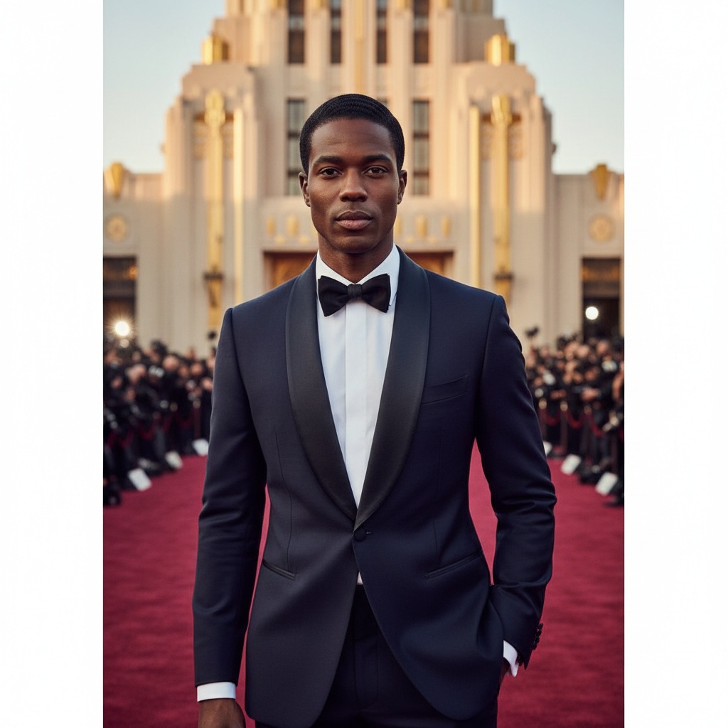 Michael, a 29-year-old Black male actor exuding Old Hollywood glamour, poses confidently in a tailored midnight navy tuxedo from Tom Ford, featuring a satin peak lapel. The soft golden light of a lavish film premiere highlights his sharp cheekbones and chiseled jawline, with hair slicked back in a timeless style. He stands on an opulent red carpet with art deco-inspired architecture in the background, creating a breathtaking Vogue editorial feel. The composition uses shallow depth of field to focus on his magnetic presence amidst the glamour.