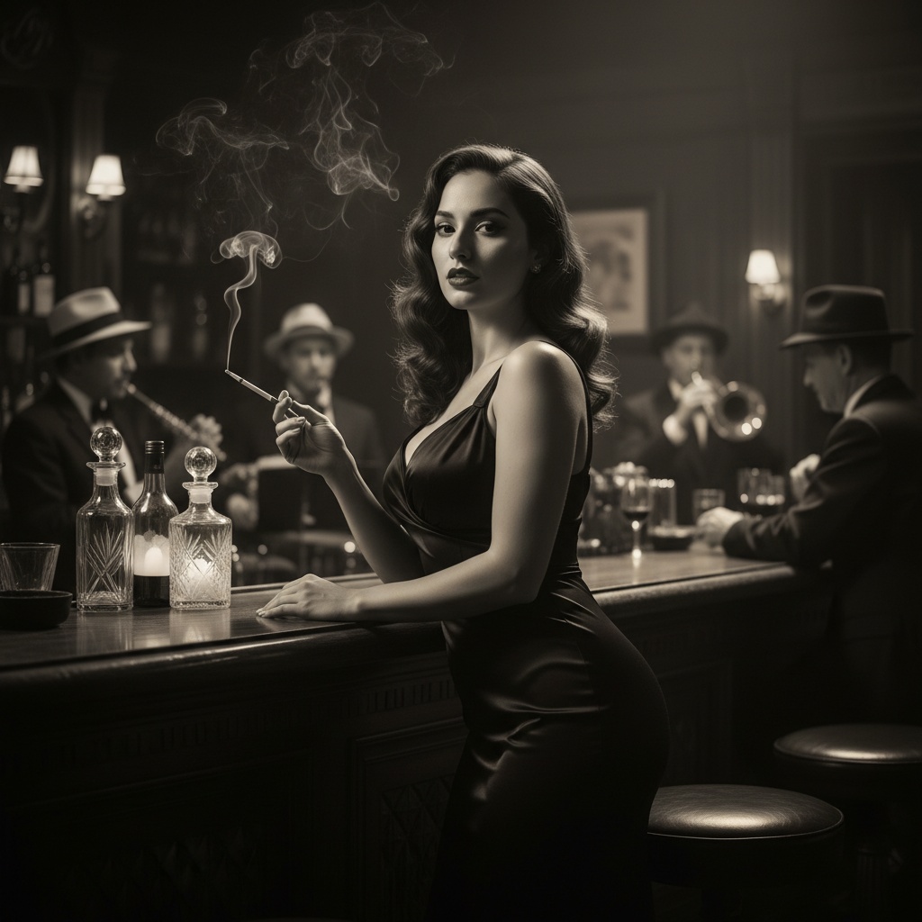 Sarah, a captivating 25-year-old Middle Eastern woman, embodies classic Hollywood glamour styled as a modern-day film noir starlet. She's draped in a form-fitting black silk gown in a dimly lit, vintage-inspired Los Angeles speakeasy, her silhouette veiled in shadows. With soft, vintage waves framing her face, she exudes elegance and confidence, leaning against an ornate bar. Rembrandt lighting highlights her features, enhancing the air of mystery and timeless sophistication, capturing the essence of old Hollywood.