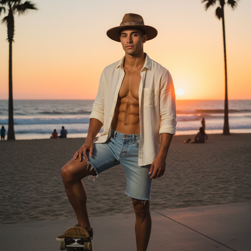 David, a 25-year-old Latin male figure, exuding effortless cool, captured against the vibrant backdrop of Venice Beach at sunset. He wears a light linen button-up shirt, slightly open, revealing a toned physique, paired with relaxed-fit denim shorts. A vintage fedora is casually tilted on his head. His stance is confident with one foot perched on a skateboard, embodying freedom and adventure. The scene is alive with turquoise waves, swaying palm trees, and a warm golden hour light that enhances the overall California vibe, projecting youthfulness and spontaneity.