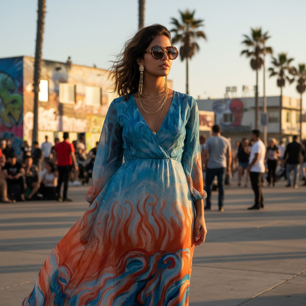 Emily, a striking 28-year-old Arab woman, personifies the vibrant spirit of Venice Beach. She stands near the iconic boardwalk in a flowing chiffon maxi dress in shades of azure and coral, with hand-painted motifs inspired by ocean waves. Her sun-kissed skin glows with carefree energy, enhanced by tousled beach waves and oversized tortoiseshell sunglasses. Layered gold necklaces and dangling earrings catch the golden hour's soft glow. The lively backdrop of colorful murals and beachgoers captures the excitement of the scene, with shadowy palm trees swaying behind her. The composition uses a shallow depth of field, emphasizing her figure while reflecting a mix of freedom and sophistication, as if she were a modern-day muse destined for the pages of a prestigious fashion publication.