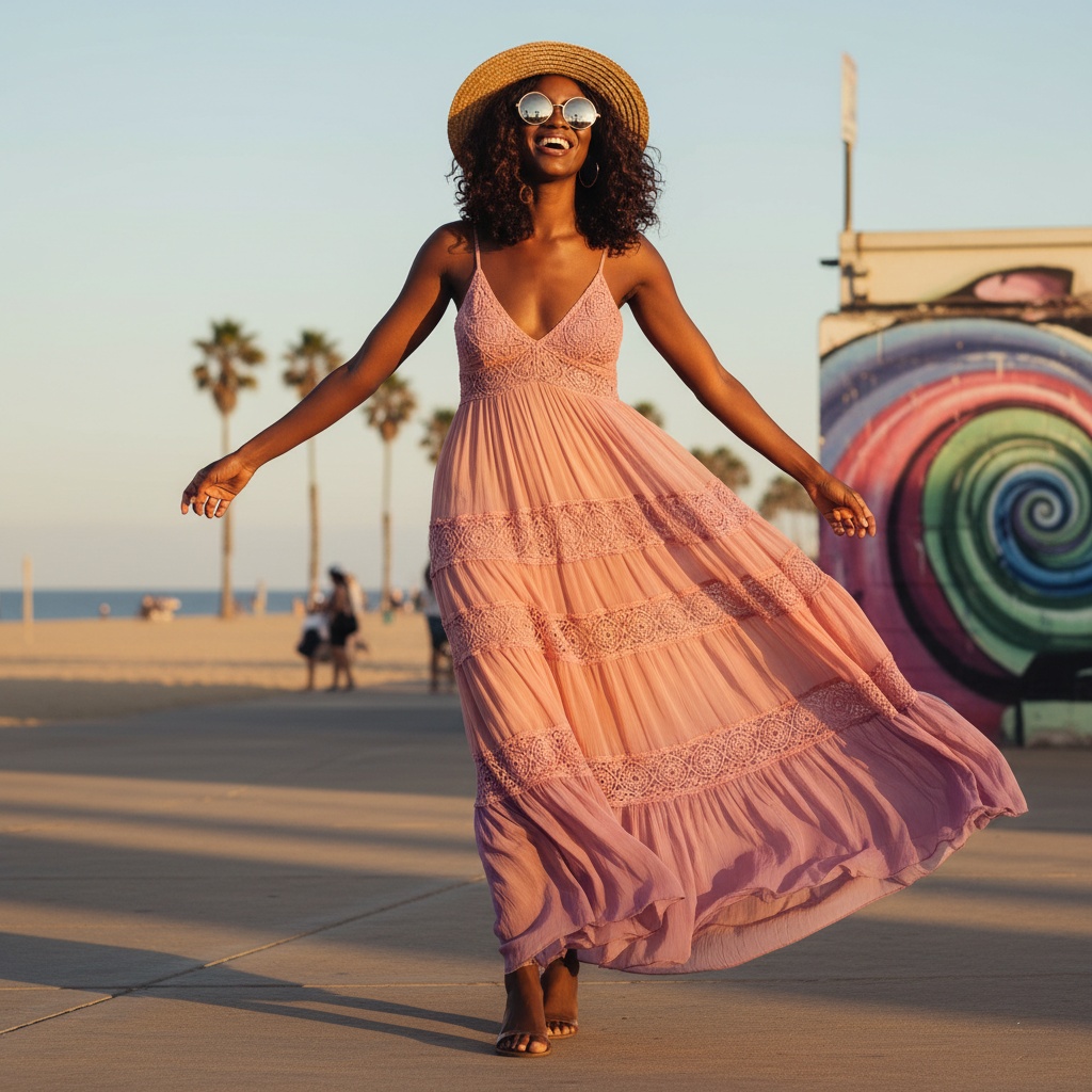 Jane, a 24-year-old Black woman, embodies the free-spirited essence of Venice Beach, captured mid-stride along the vibrant boardwalk. She wears a multi-layered chiffon maxi dress in sunset hues—blush pinks, oranges, and soft lilacs—flowing effortlessly in the ocean breeze. The dress features intricate crochet details, enhancing its ethereal quality. Her sun-kissed skin glows, and her wild, windswept hair cascades in beachy waves, topped with a delicate straw hat. Oversized vintage sunglasses reflect the colorful murals behind her. The dynamic pose portrays her mid-laughter, exuding joy and liberation. The scene is framed beautifully against the softly blurred shoreline with golden hour lighting enhancing her spirit, capturing the carefree youth and vibrant culture of Venice Beach in a fashion-forward, editorial style.