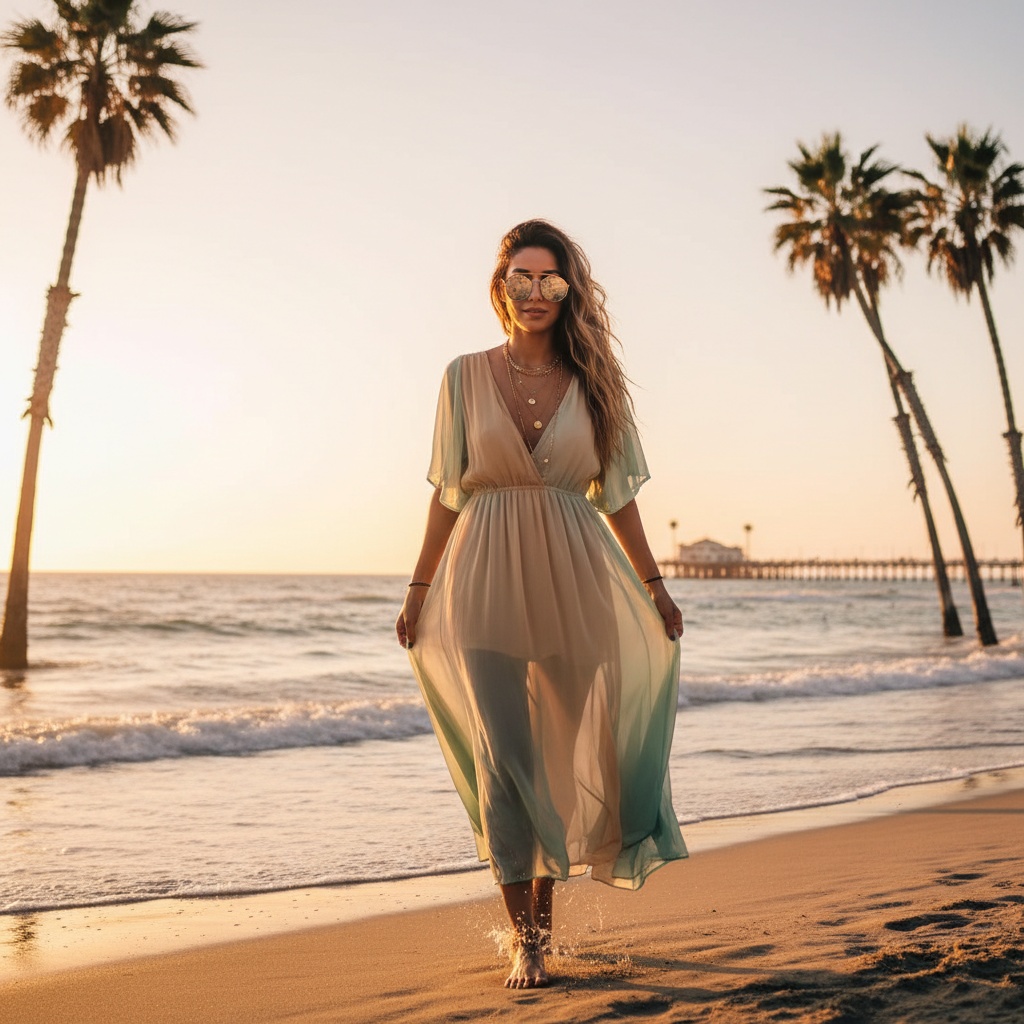 Jane, a 24-year-old Arab woman, embodies the carefree spirit of Venice Beach, captured in a sun-drenched moment. She wears a flowing, ethereal bohemian maxi dress in soft shades of sand and seafoam green, made from lightweight chiffon, dancing around her legs as she strolls along the sandy shore. Her long, sun-kissed hair cascades in loose waves, and she accessorizes with layered gold necklaces that catch the sunlight, along with oversized round sunglasses reflecting the vibrant beach culture. Positioned playfully at the water's edge, her bare feet are lightly kissed by the waves as the warm sunset casts a golden hue around her, illuminating her figure with a halo effect, while palm trees sway gently in the background, framing the scene with a relaxed air. The composition, balanced and centered, exudes a sense of freedom and youthful exuberance, inviting the viewer into this idyllic moment of summer bliss.