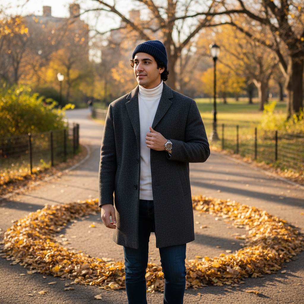 John, a 24-year-old Arab male figure, exuding youthful charm, stands at the edge of a winding path in Central Park during autumn. He is dressed in a stylishly layered oversized charcoal wool coat over a fitted white turtleneck and tailored dark denim jeans. A sleek watch decorates his wrist, and a fine-knit beanie frames his tousled hair, projecting a casual yet refined aesthetic. Golden leaves form a warm halo around him as the late afternoon sun filters through the trees, creating a chiaroscuro effect that softly illuminates his face. His expression reflects contemplative introspection with a slight smile, embodying relaxed confidence amidst the vibrant urban tapestry. The image captures the beauty of nature and contemporary style, inviting viewers into a narrative of quiet elegance in city life. The trigger word is included for the Lora style.
