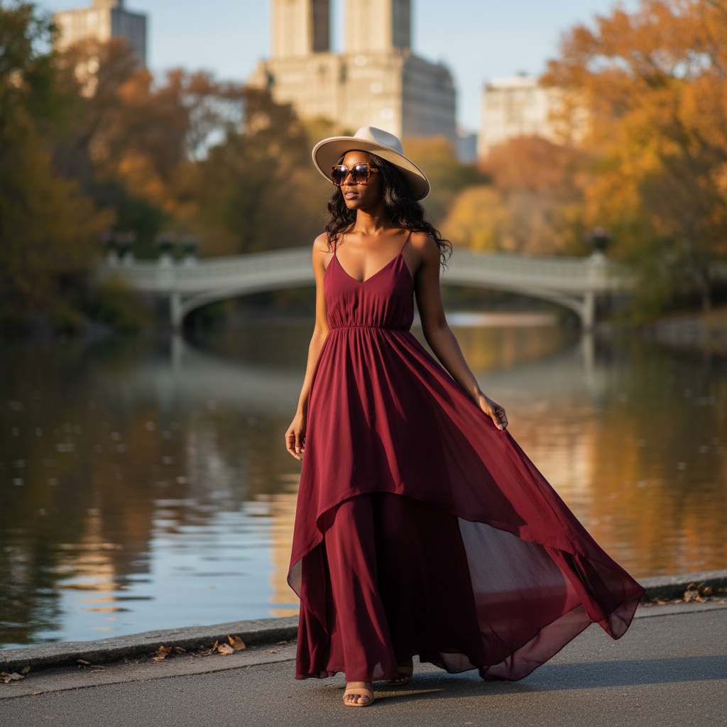 Olivia, a stunning 28-year-old Black woman, exuding effortless elegance in a flowing chiffon georgette maxi dress of rich merlot while strolling through Central Park in early autumn. Her dress, featuring delicate spaghetti straps and asymmetrical layers, catches the golden light beautifully. With loose waves in her hair and a broad-brimmed ivory hat, she embodies urban glamour. Oversized tortoiseshell sunglasses add a chic touch as she stands by a glittering pond, the iconic Bow Bridge softly blurred in the background. The serene water reflects vibrant autumn foliage, using Rembrandt lighting to enhance her features and capturing a sense of calm amidst the bustling city. This portrait conveys the bittersweet nostalgia of urban romance and the beauty of solitude in city life.