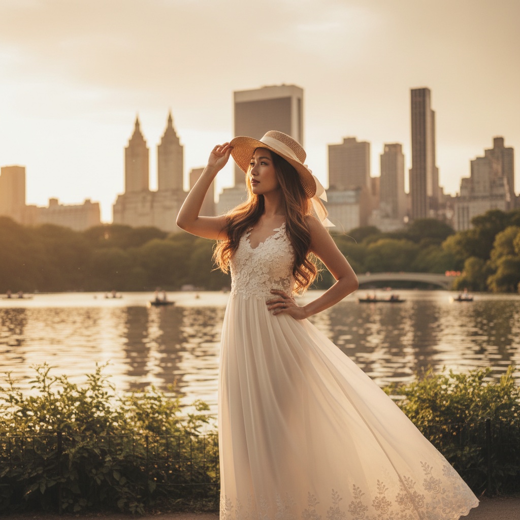 Olivia, a 30-year-old Asian woman, stands gracefully in the heart of Central Park, embodying the spirited elegance of an urban muse. She wears a flowing, ivory chiffon maxi dress with delicate lace accents, billowing gently in the breeze. Her rich chestnut hair cascades in soft waves, shimmering in the sunlight, complemented by a wide-brimmed straw hat adorned with a delicate ribbon. Caught in a contemplative moment, one hand on her hip and the other lifting her hat, she invites the viewer into her intimate world. The serene lake glistens softly in the background, framed by the silhouette of the skyline, all bathed in the soft, diffused lighting of the golden hour, evoking nostalgia and a timeless narrative. The photograph captures the harmonious blend of nature and city life.
