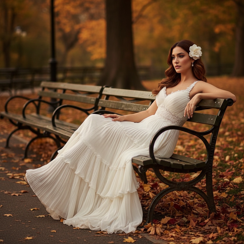 Olivia, a sophisticated 32-year-old Arab woman, is immersed in the serenity of Central Park during autumn. She wears a flowing ivory chiffon georgette gown with hand-pleated cascades, a subtle sweetheart neckline, and delicate lace accents. The golden hour casts a warm glow, highlighting her graceful silhouette as she reclines on a vintage wrought-iron bench, surrounded by autumn leaves in crimson, amber, and ochre. Her soft waves of hair cascade over one shoulder, adorned with a fresh gardenia, as her contemplative expression invites viewers into her serene moment of escape. The composition reflects tranquility and elegance, perfect for a visual feature in Vogue Italia. The setting embodies the nostalgic beauty of life.
Trigger Word: Olivia