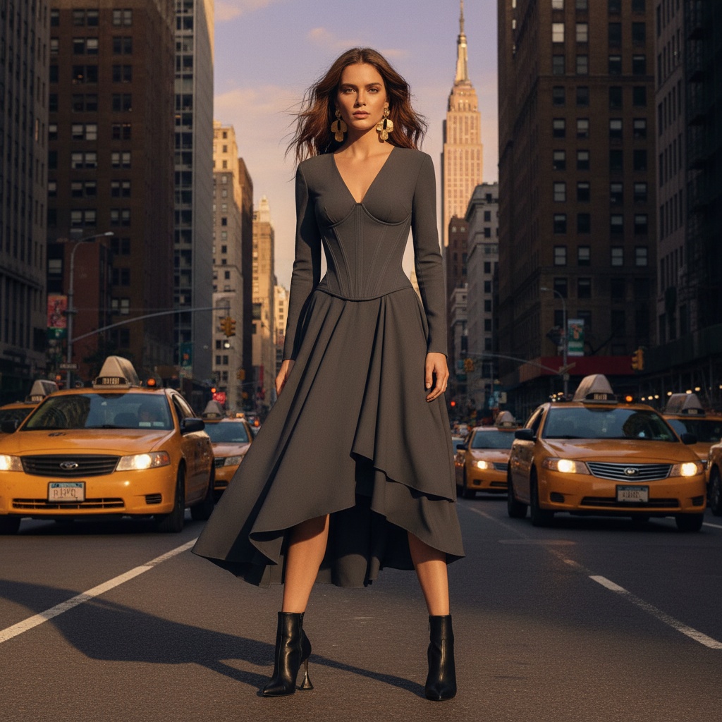 Emily, a 34-year-old white woman with a commanding presence, stands poised in the bustling streets of New York City. She wears an asymmetrical, charcoal-grey midi dress made from luxurious pre-washed crepe, accentuating her silhouette with a corseted bodice and architectural hem. Oversized geometric earrings in brushed gold and sleek ankle boots with a sculptural heel enhance her edgy yet refined look. The late afternoon sun casts a golden glow, capturing her tousled hair and the vibrant energy of the city with yellow cabs and iconic skyscrapers in the background. The image is focused on her confident gaze, embodying the spirit of New York—a blend of resilience and glamour. The final photograph evokes empowerment and sophistication, perfect for a fashion magazine.